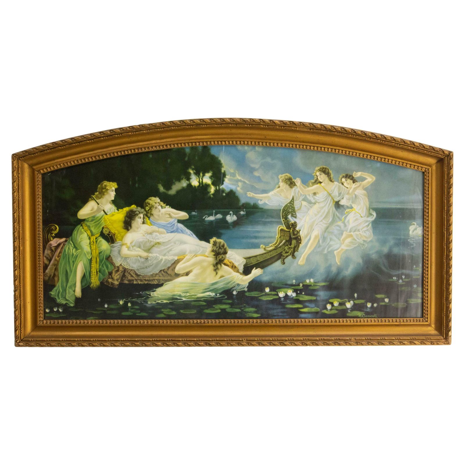 Chromo Lithograph Boat Of Nymphs By H Clementz In Its Frame, Late 19th Century