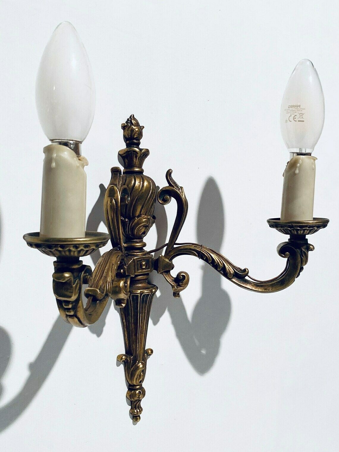 Elegant Vintage Bronze Wall Lamp With Candle Motif / France photo for sale