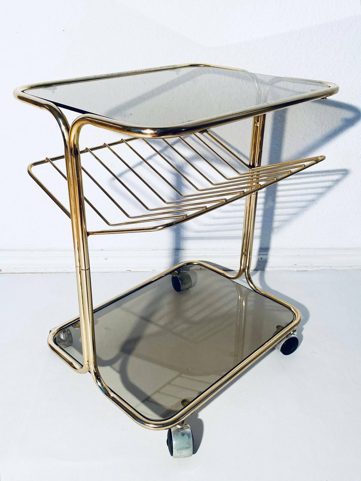 1970s Gold Smoked Glass Shelving Trolley / Vintage Space Age Home Decor photo furniture