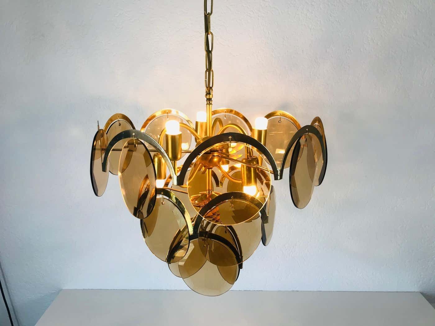 Midcentury Three Tier Brass And Glass Chandelier By Vistosi, 1960s photo Lighting
