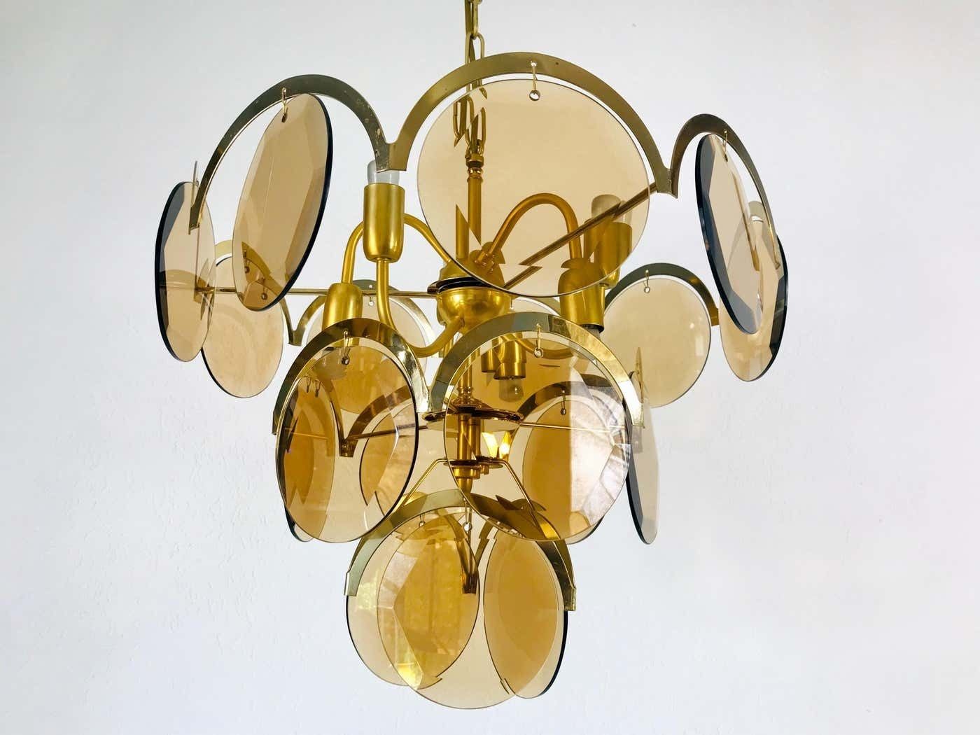 Midcentury Three Tier Brass And Glass Chandelier By Vistosi, 1960s photo buy