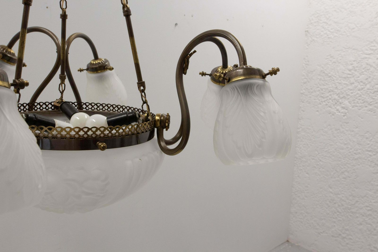 French Art Deco Chandelier Frozen Glass & Brass Ceiling Pendant, Circa 1930 photo Lighting