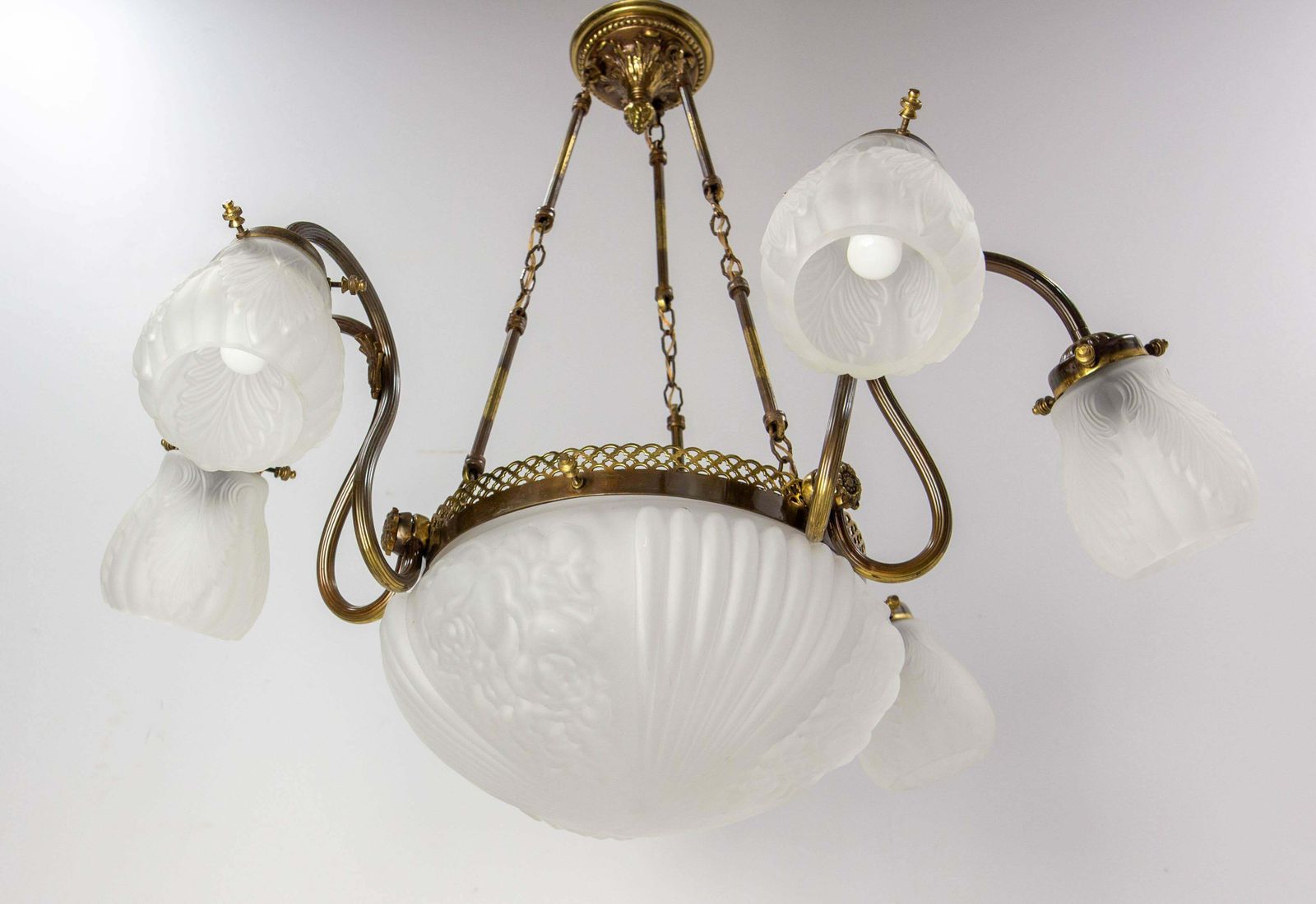 Lighting French Art Deco Chandelier Frozen Glass & Brass Ceiling Pendant, Circa 1930 photo