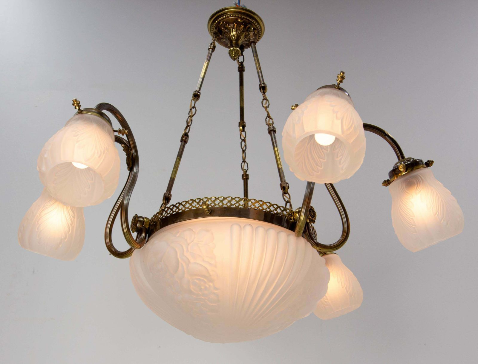 945.0 French Art Deco Chandelier Frozen Glass & Brass Ceiling Pendant, Circa 1930 photo