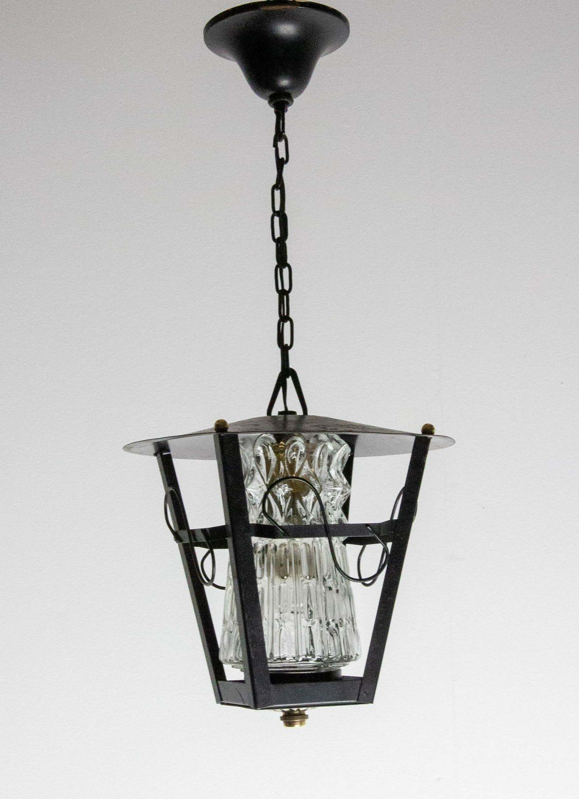 Iron And Glass Ceiling Lamp Lustre French Lantern, Circa 1960