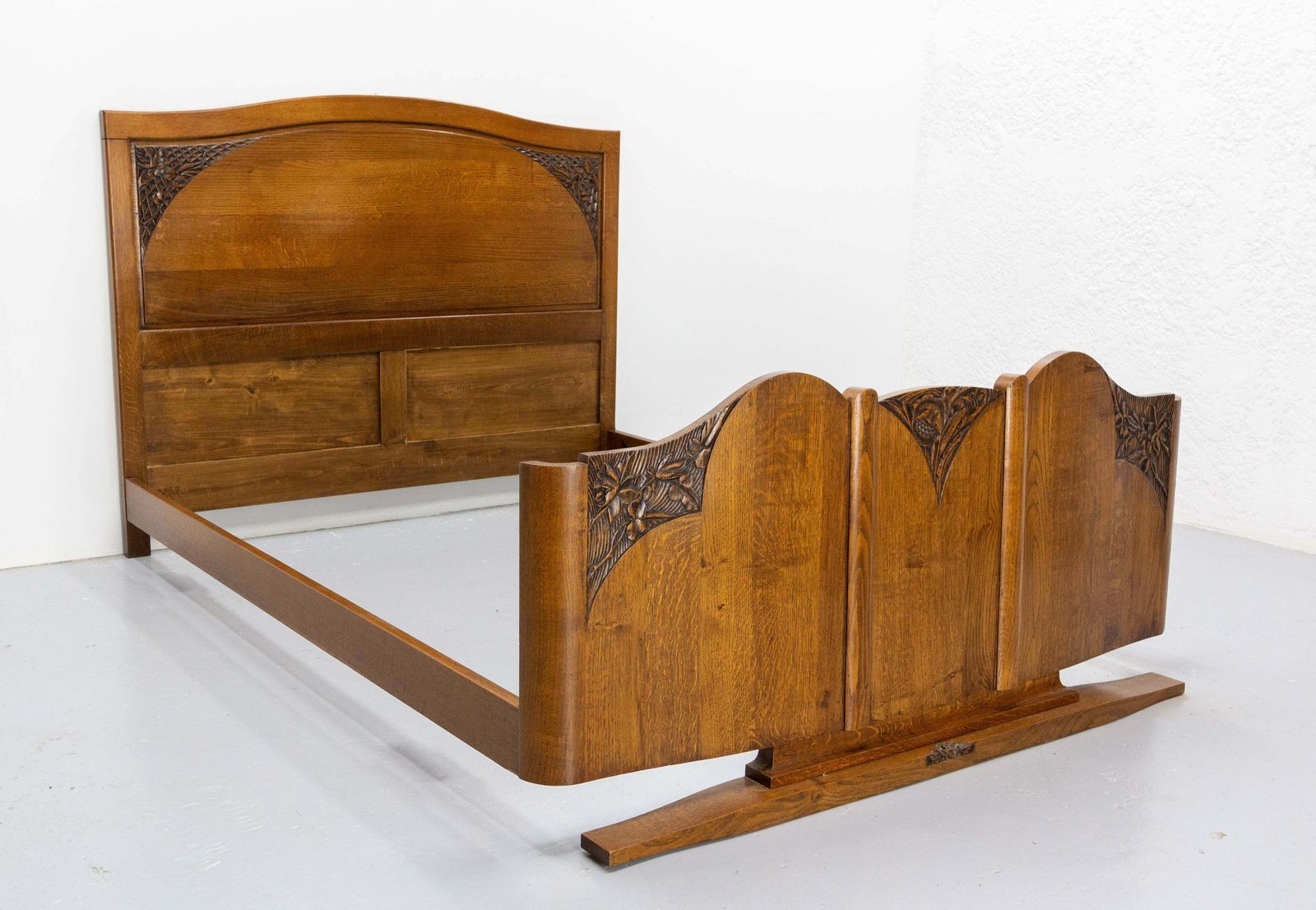 French Oak Bed Typical Of The 20th Mid Century Period, Circa 1960 photo vintage