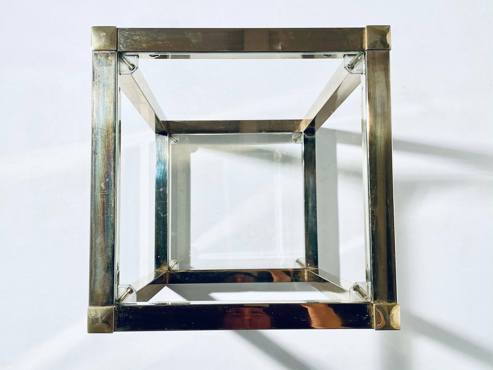 1970s Italian Gold Glass Shelves Stand Sofa Table / Vintage Home Decor photo vinterior