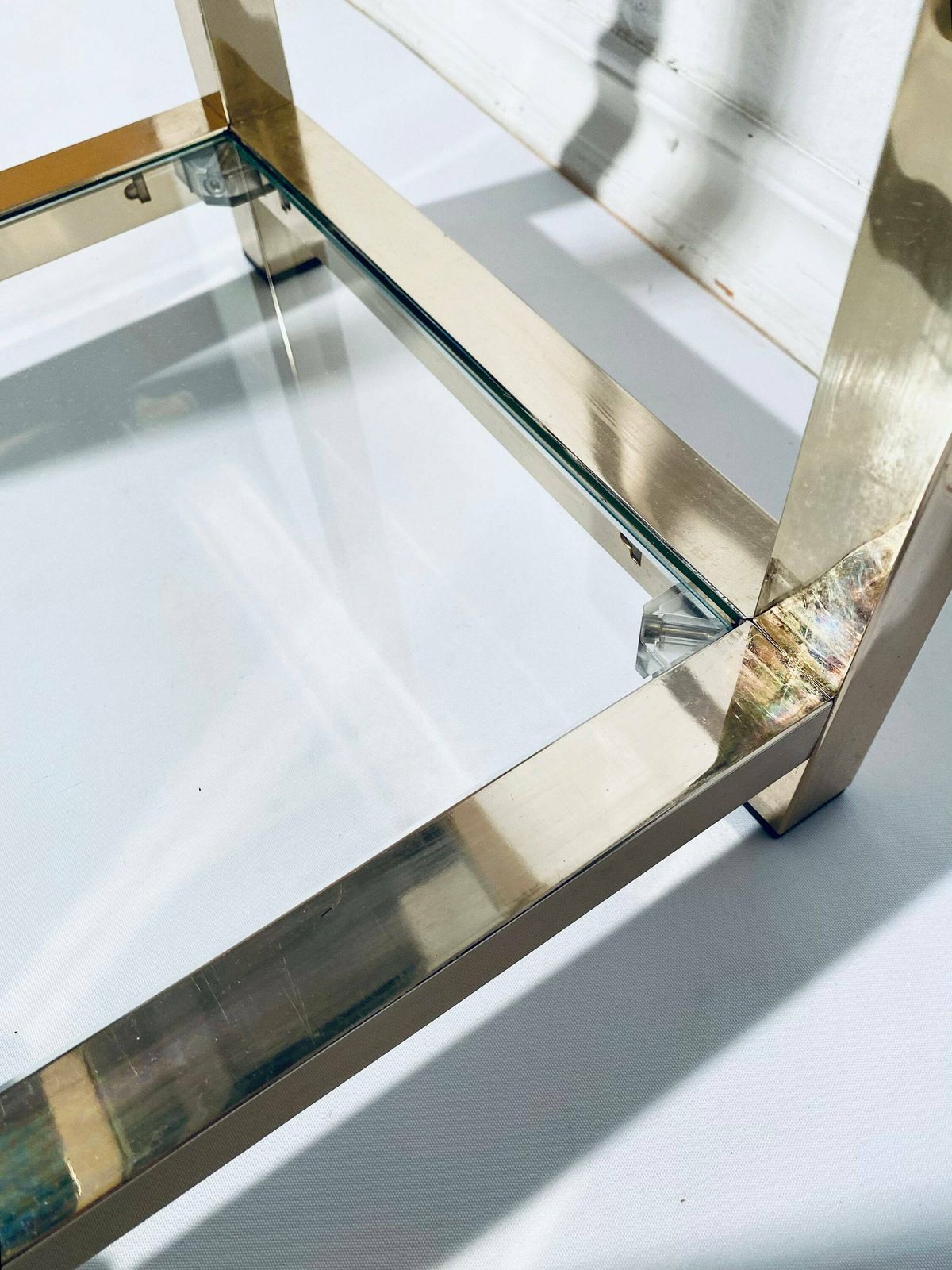 photo for sale 1970s Italian Gold Glass Shelves Stand Sofa Table / Vintage Home Decor