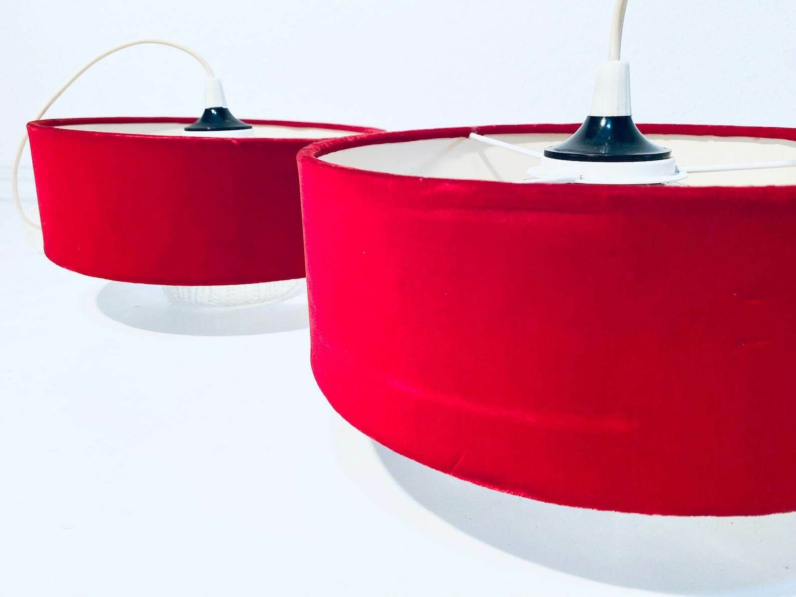 Two Red Velvet Crystal Glass Hanging Lamps / 50s 60s Vintage Decor / Boudoir Moulin Rouge Lamp photo buy