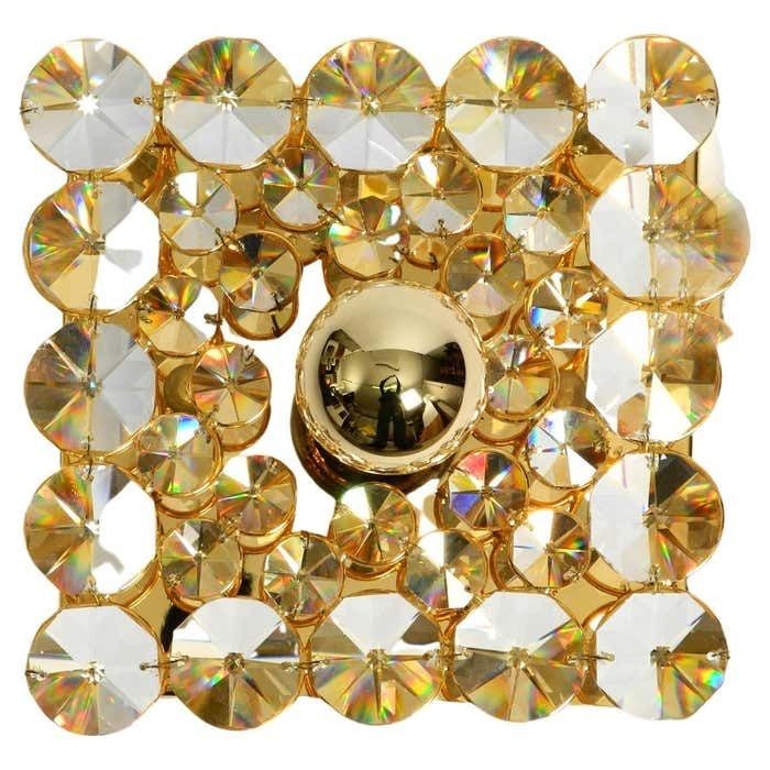 Fantastic Small 70s Palwa Brass Ceiling Or Wall Lamp With Faceted Crystal Stones