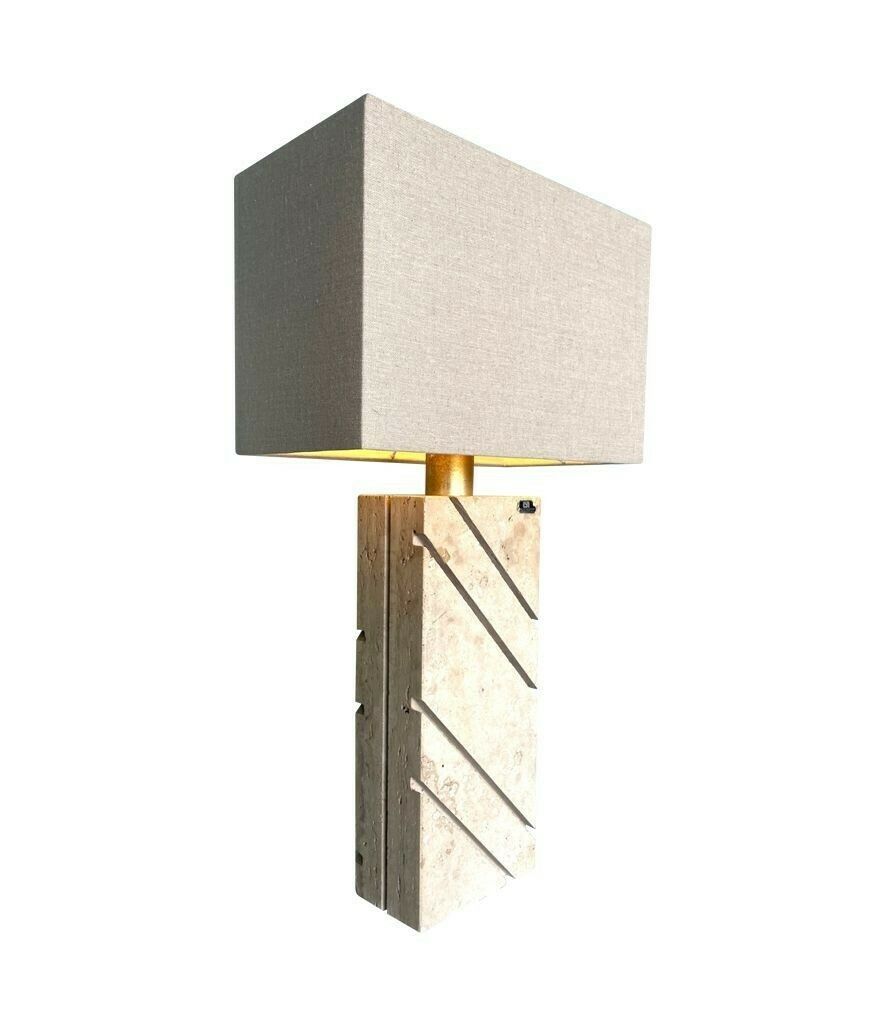 A Large Italan 1970s Travertine Lamp By Cerri Nestore With Bespoke Linen Shade photo for sale