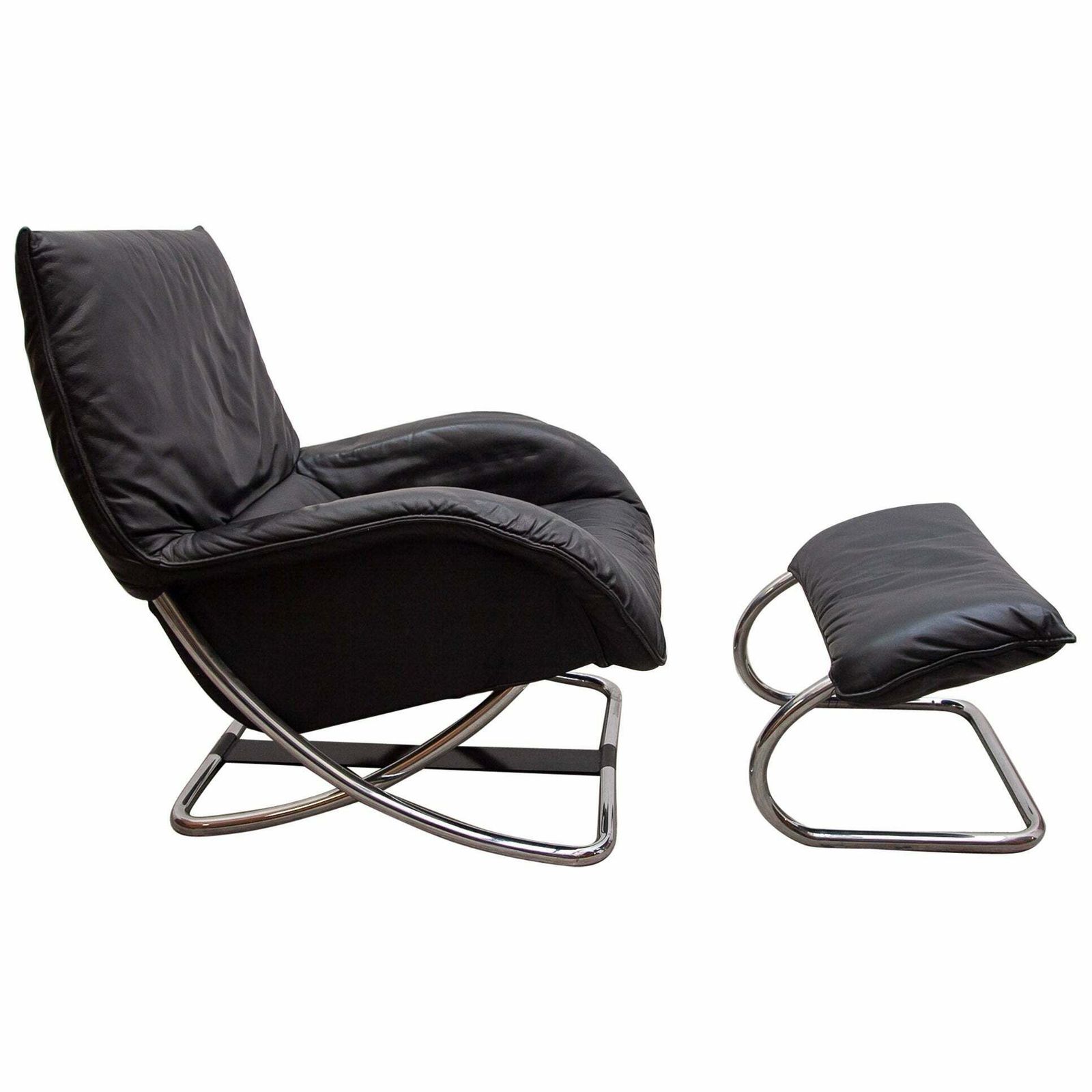 Robert Haussmann Style Chrome Rocking Lounge Chair With Footstool, 1980s