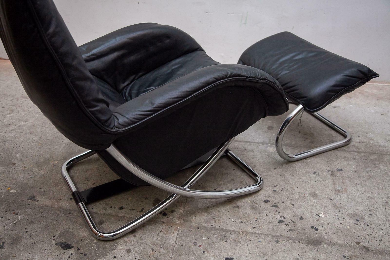 Robert Haussmann Style Chrome Rocking Lounge Chair With Footstool, 1980s photo Furniture