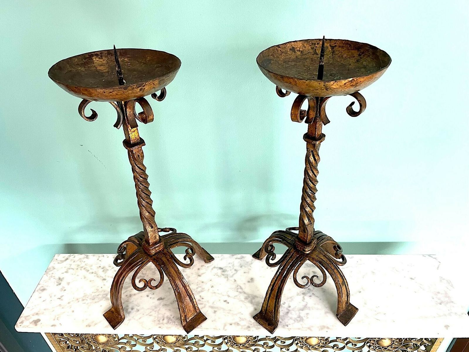 A Pair Of 1920s Spanish Ecclesiastical Gilt Wrought Iron Candle Sticks photo furniture