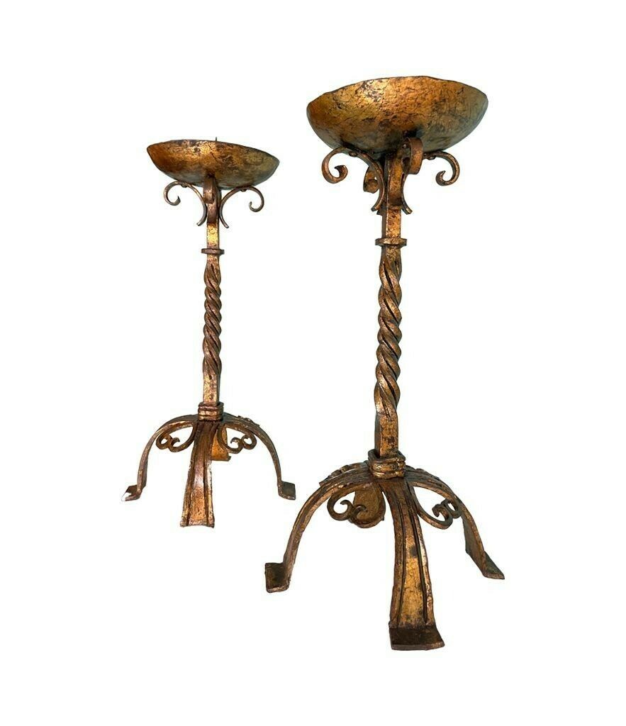 A Pair Of 1920s Spanish Ecclesiastical Gilt Wrought Iron Candle Sticks photo for sale