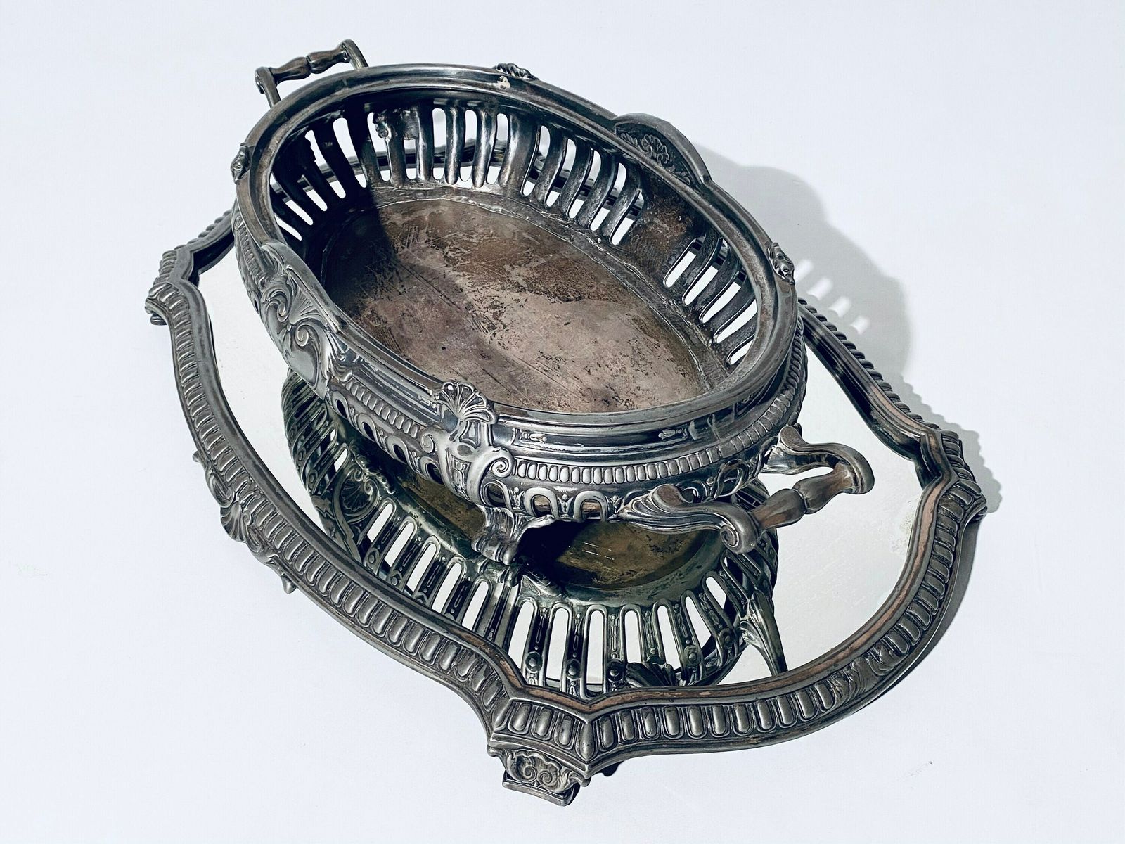 Antique Jardinière Art Nouveau Centerpiece & Matching Mirror Tray / 1900s France photo furniture