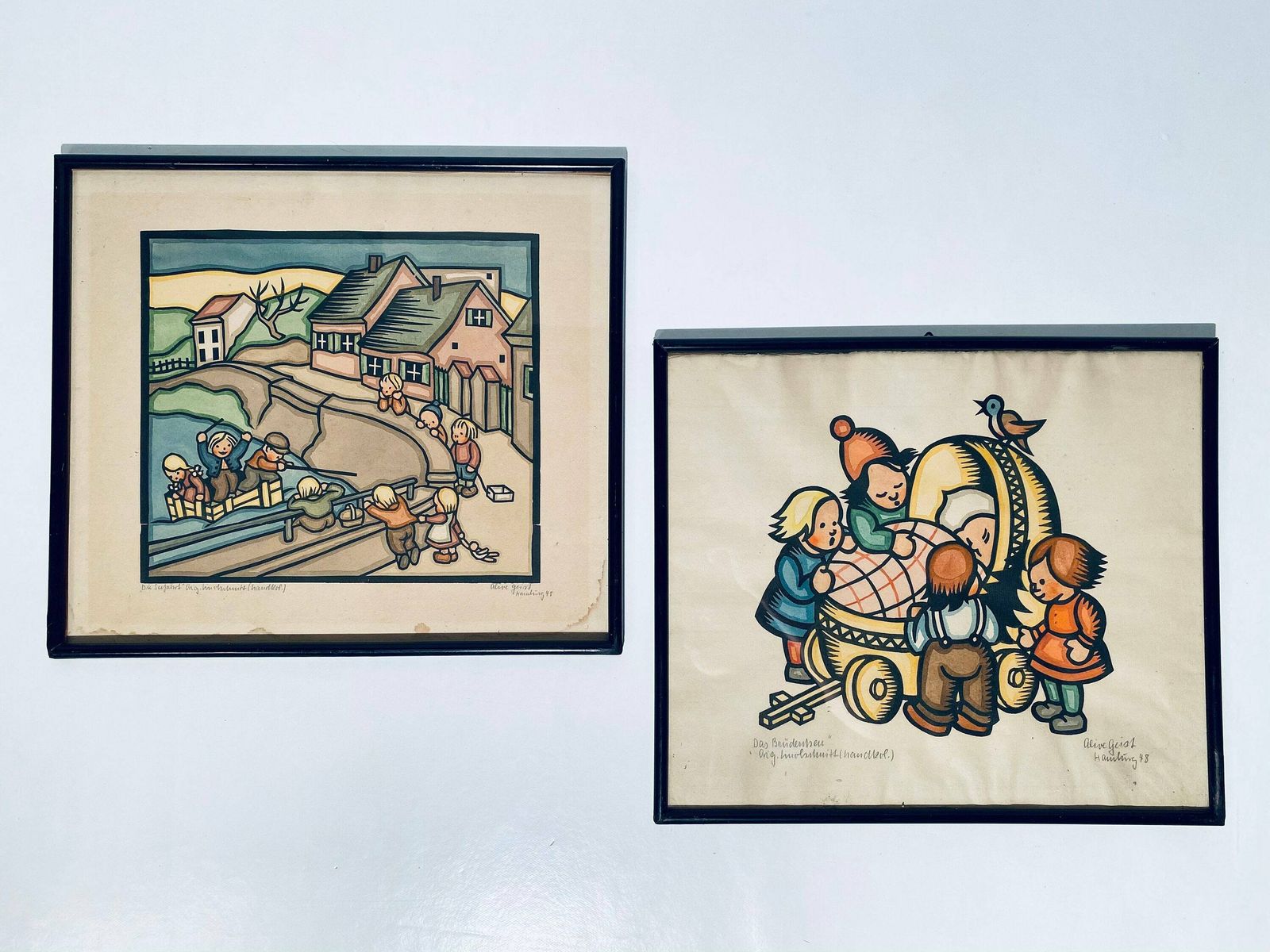 Two Vintage Pictures Of Children Playing / Olive Geist Hamburg 1948 / Vintage Wall Decor