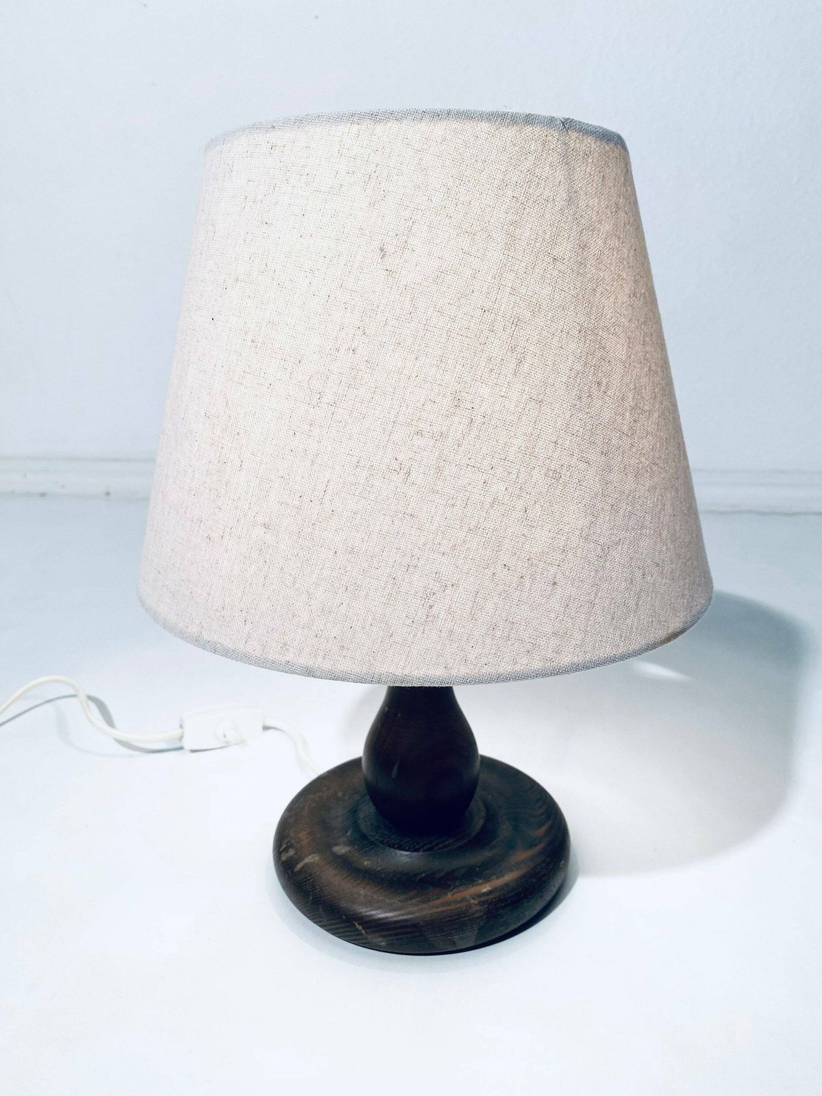 Vintage Wooden Table Lamp With Wide Conical Gray Fabric Lamp Shade / Classic Decor Bedroom Livingroom photo for sale