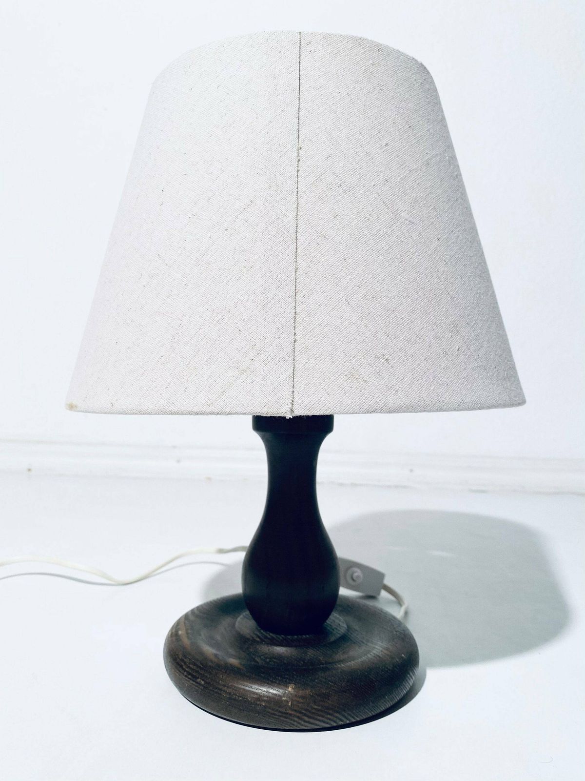 Vintage Wooden Table Lamp With Wide Conical Gray Fabric Lamp Shade / Classic Decor Bedroom Livingroom photo Lighting