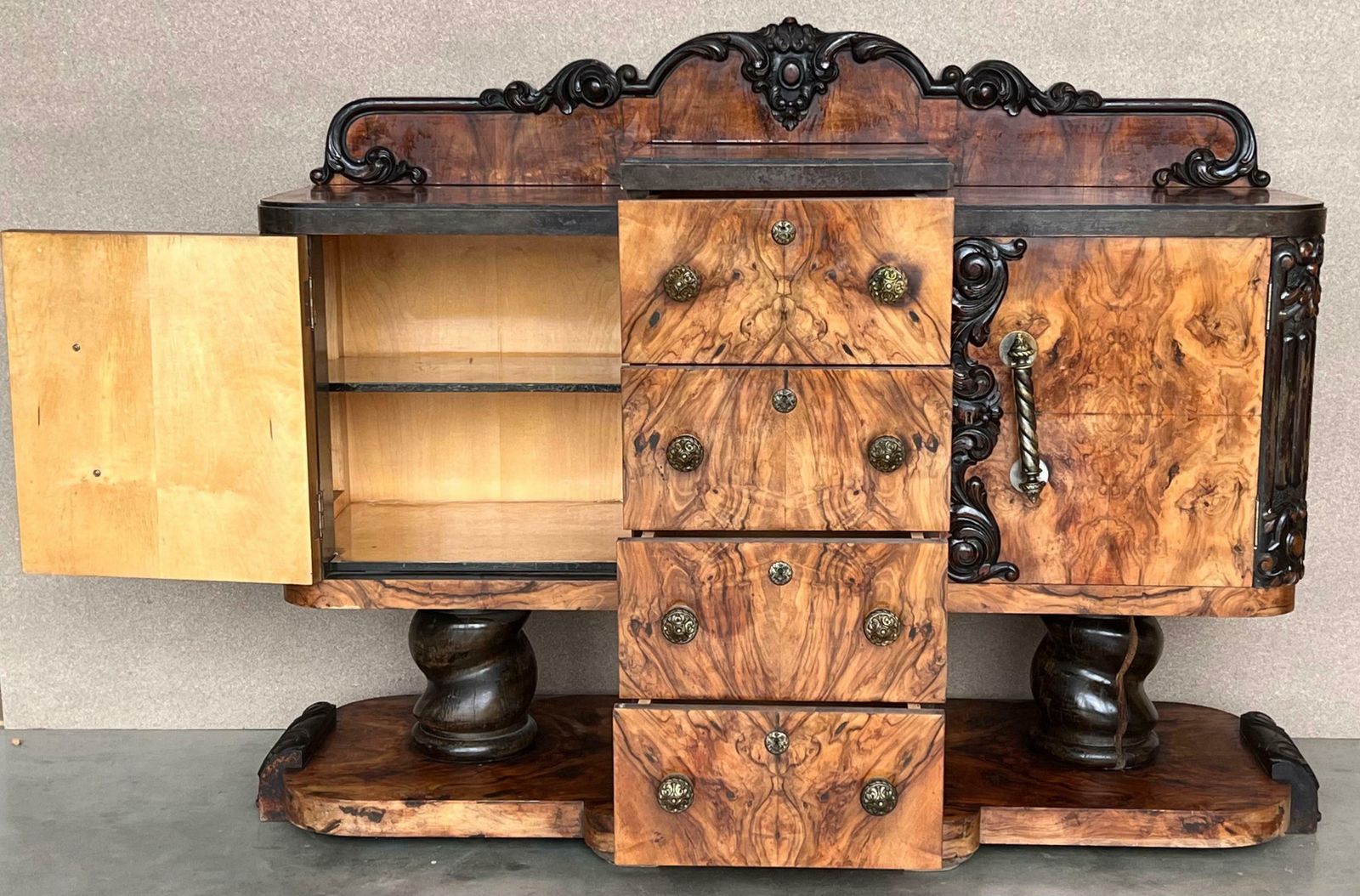 Art Deco Sideboard Or Buffet Burr & Ebonized Walnut Bookmatched, Spain photo 7019.0