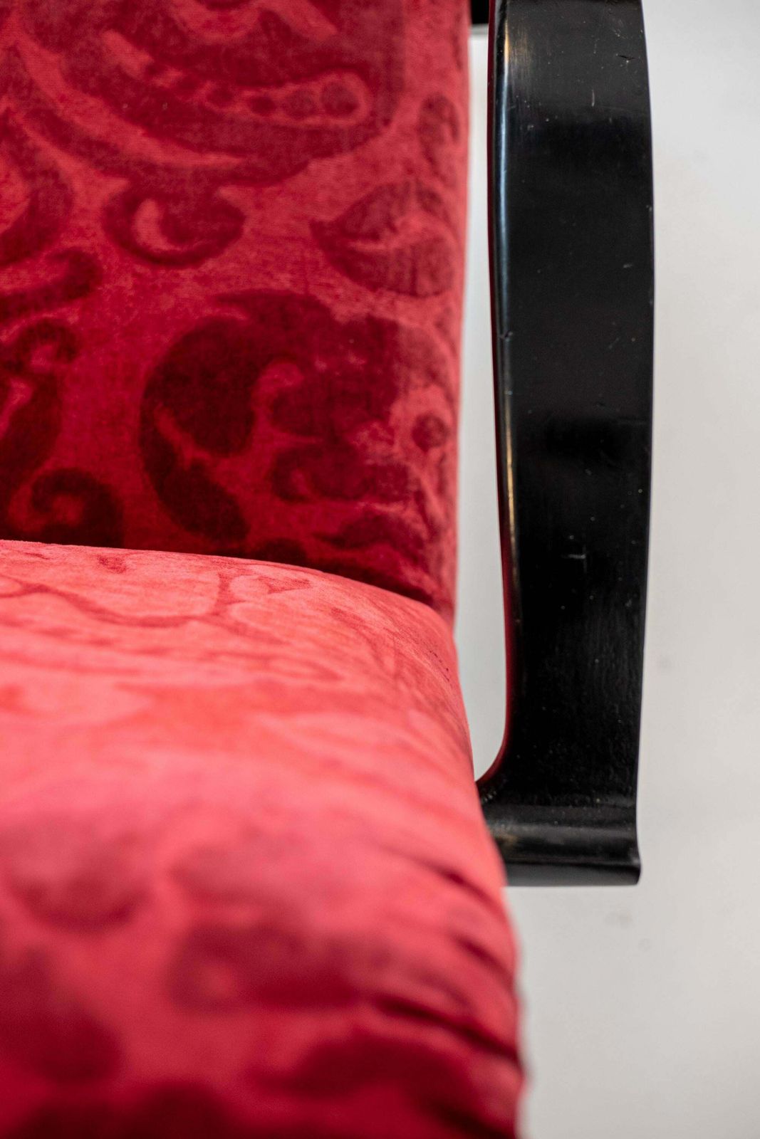 Gilbert Rohde Att. Pair Of American Armchairs In Red Velvet Damask And Wood photo furniture