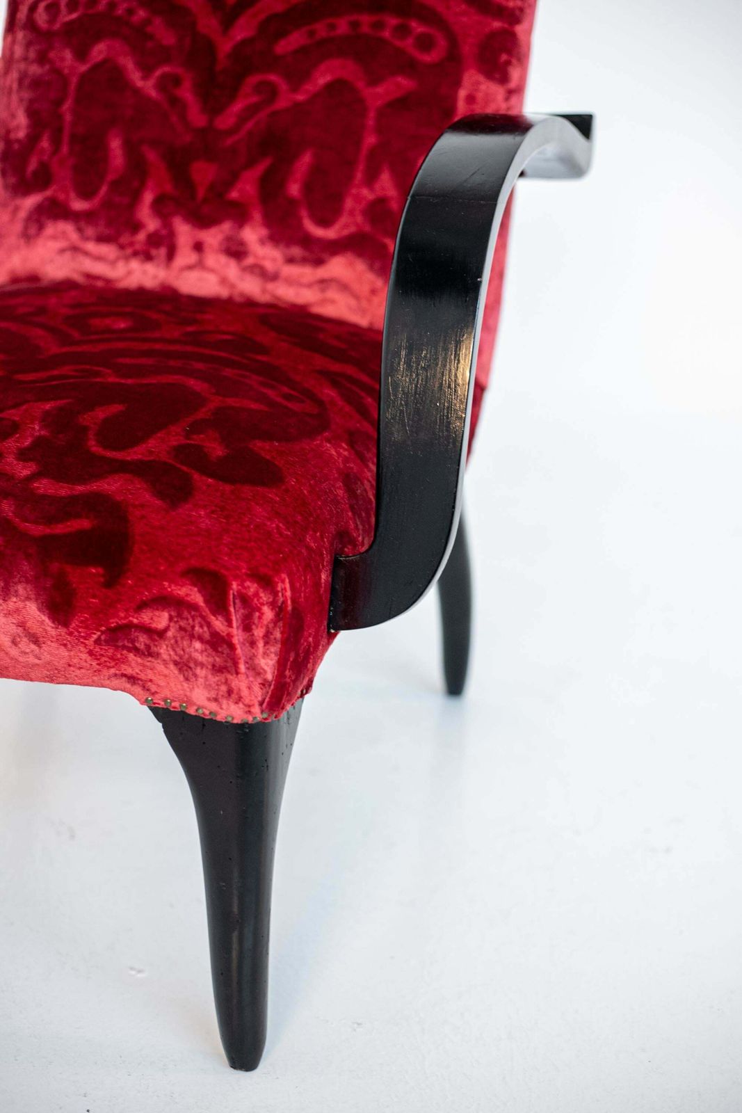 Gilbert Rohde Att. Pair Of American Armchairs In Red Velvet Damask And Wood photo vinterior