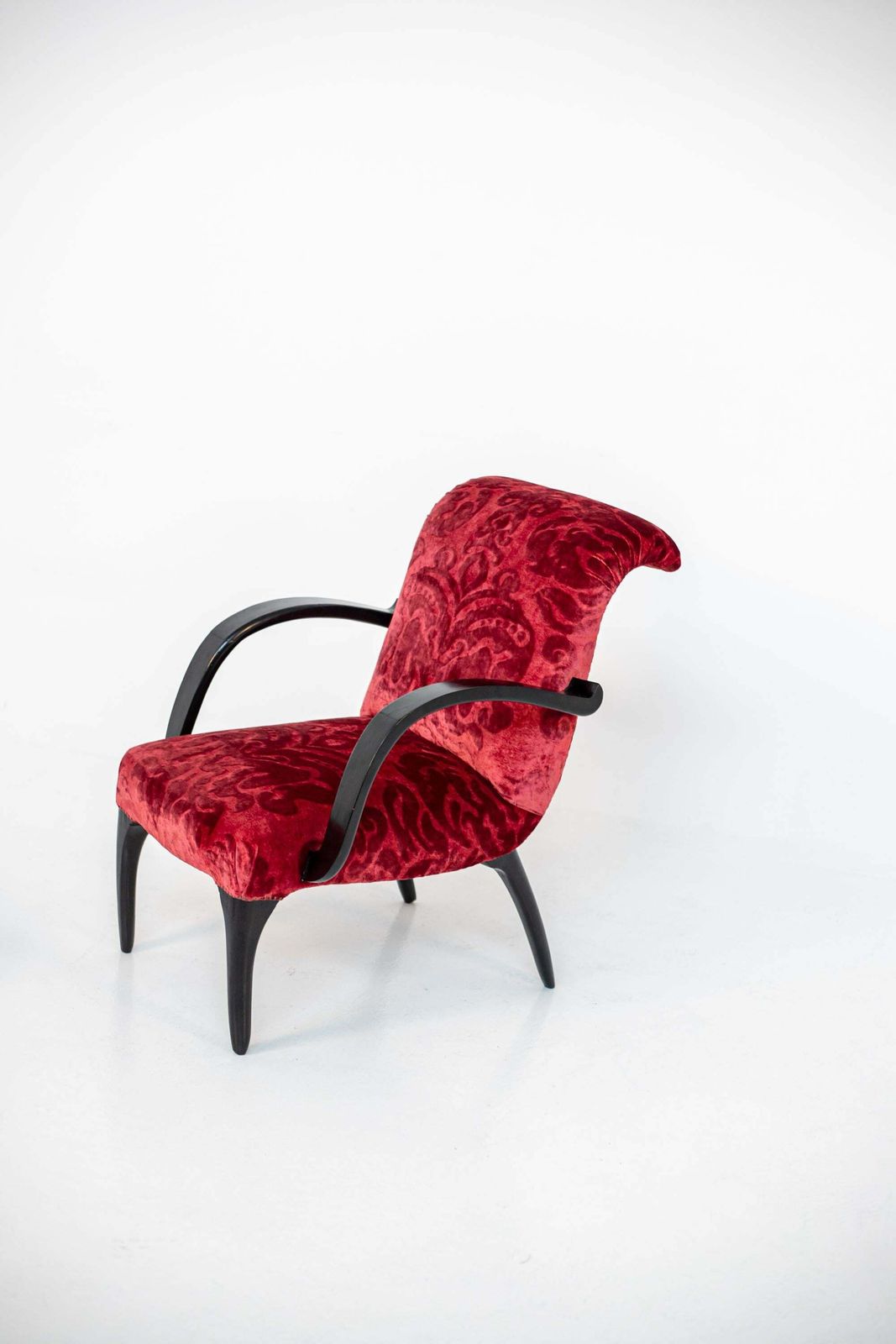 photo for sale Gilbert Rohde Att. Pair Of American Armchairs In Red Velvet Damask And Wood