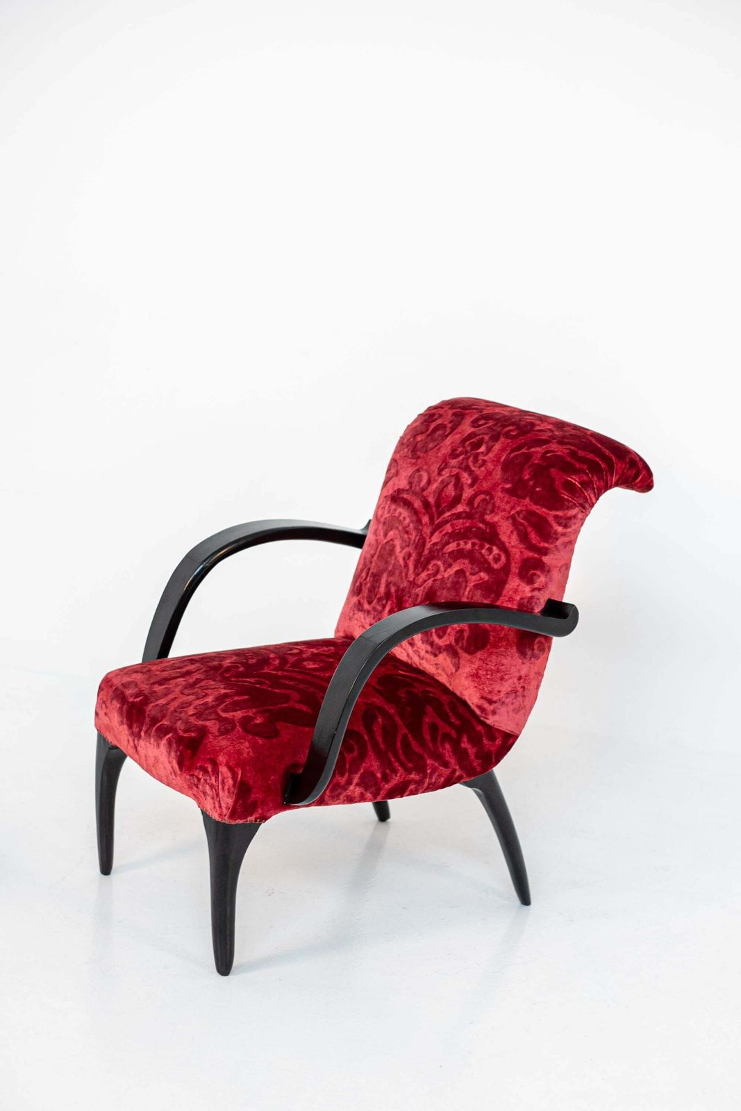 Furniture Gilbert Rohde Att. Pair Of American Armchairs In Red Velvet Damask And Wood photo