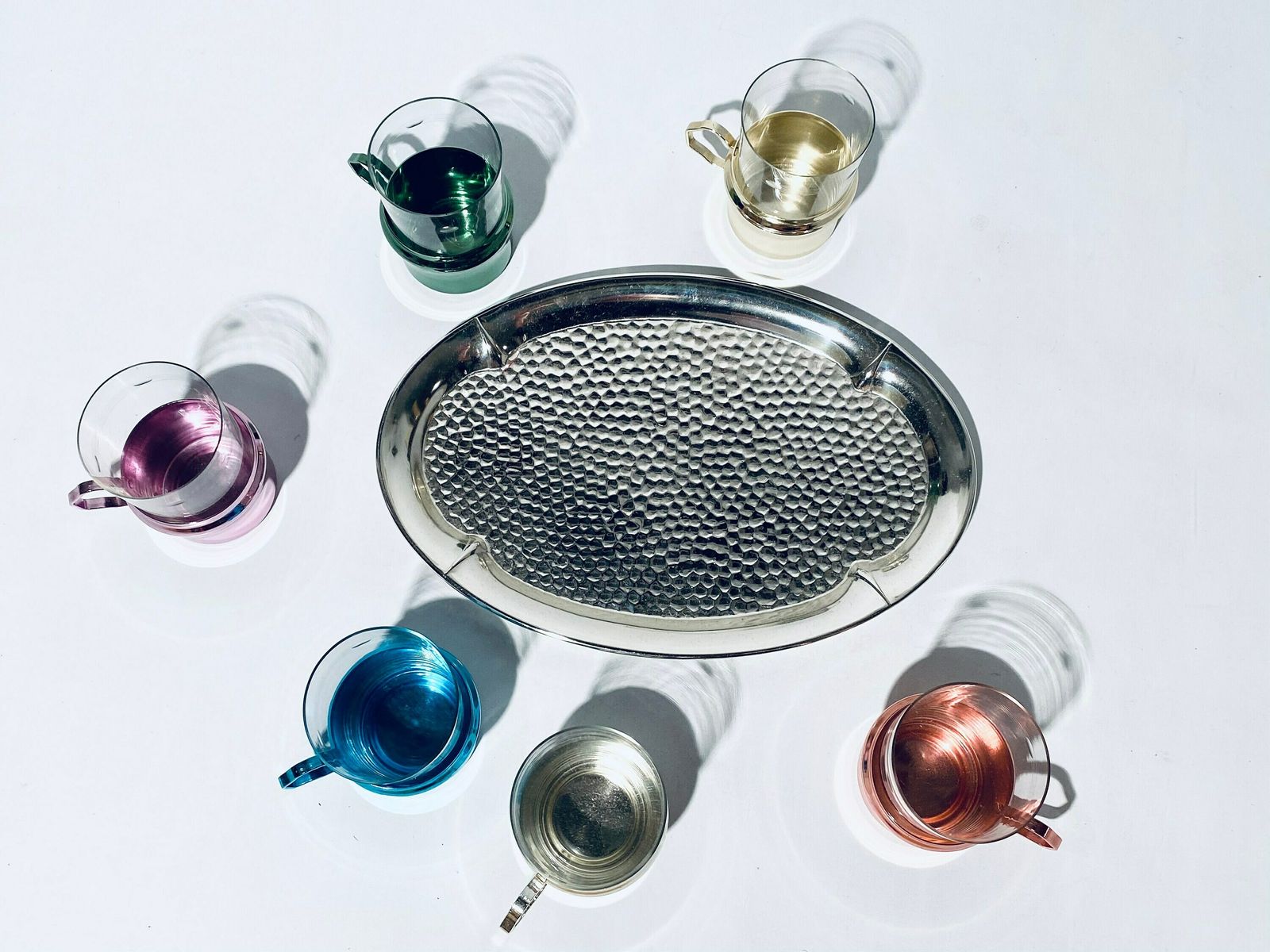 photo furniture Six Multi Coloured Tea Glass Set With Silver Tray / Vintage Decor 1960s