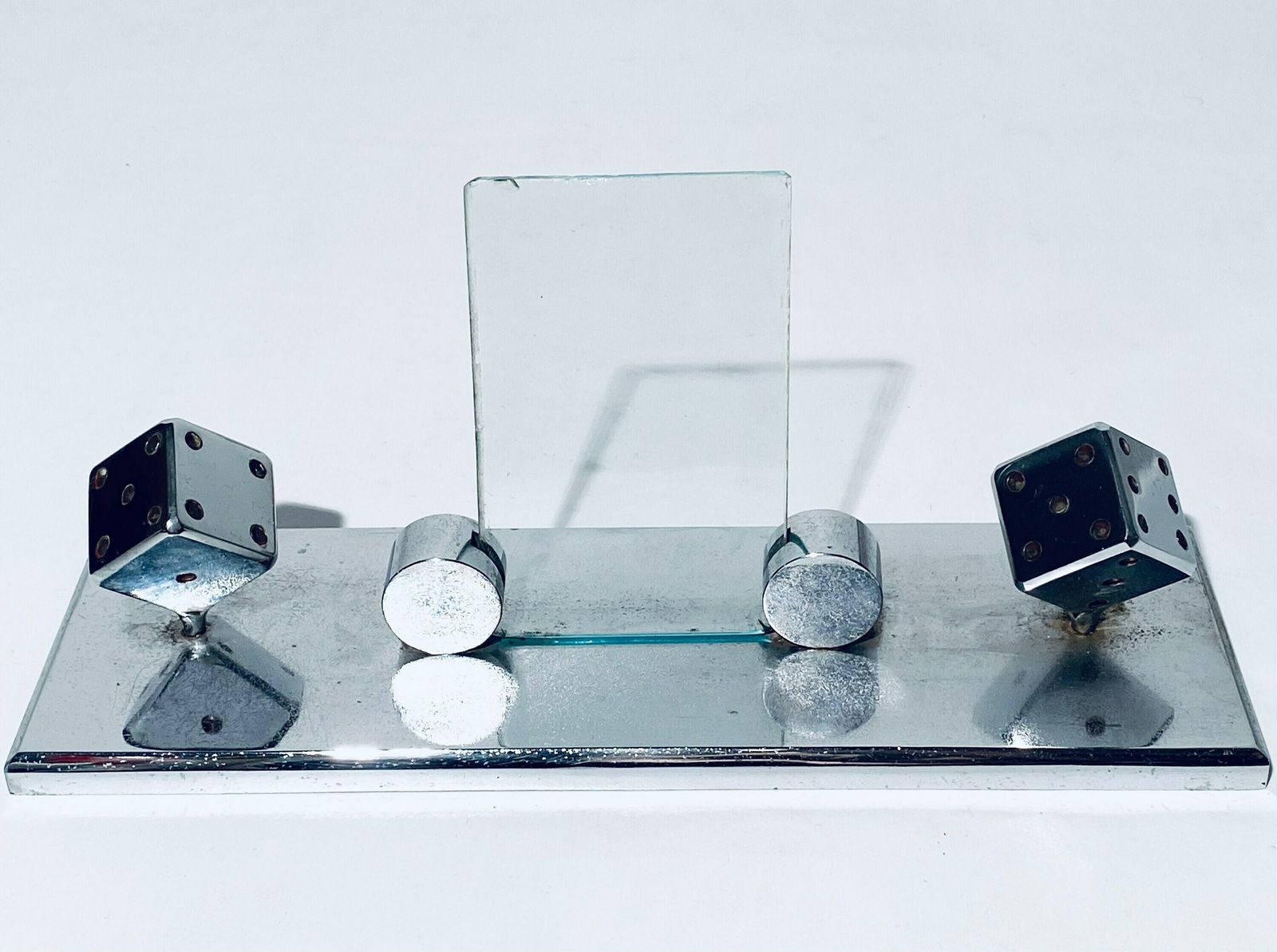 Art Deco Chrome Desk Decoration Picture Frame / Chrome Dice / Vintage Decor 1910s photo furniture