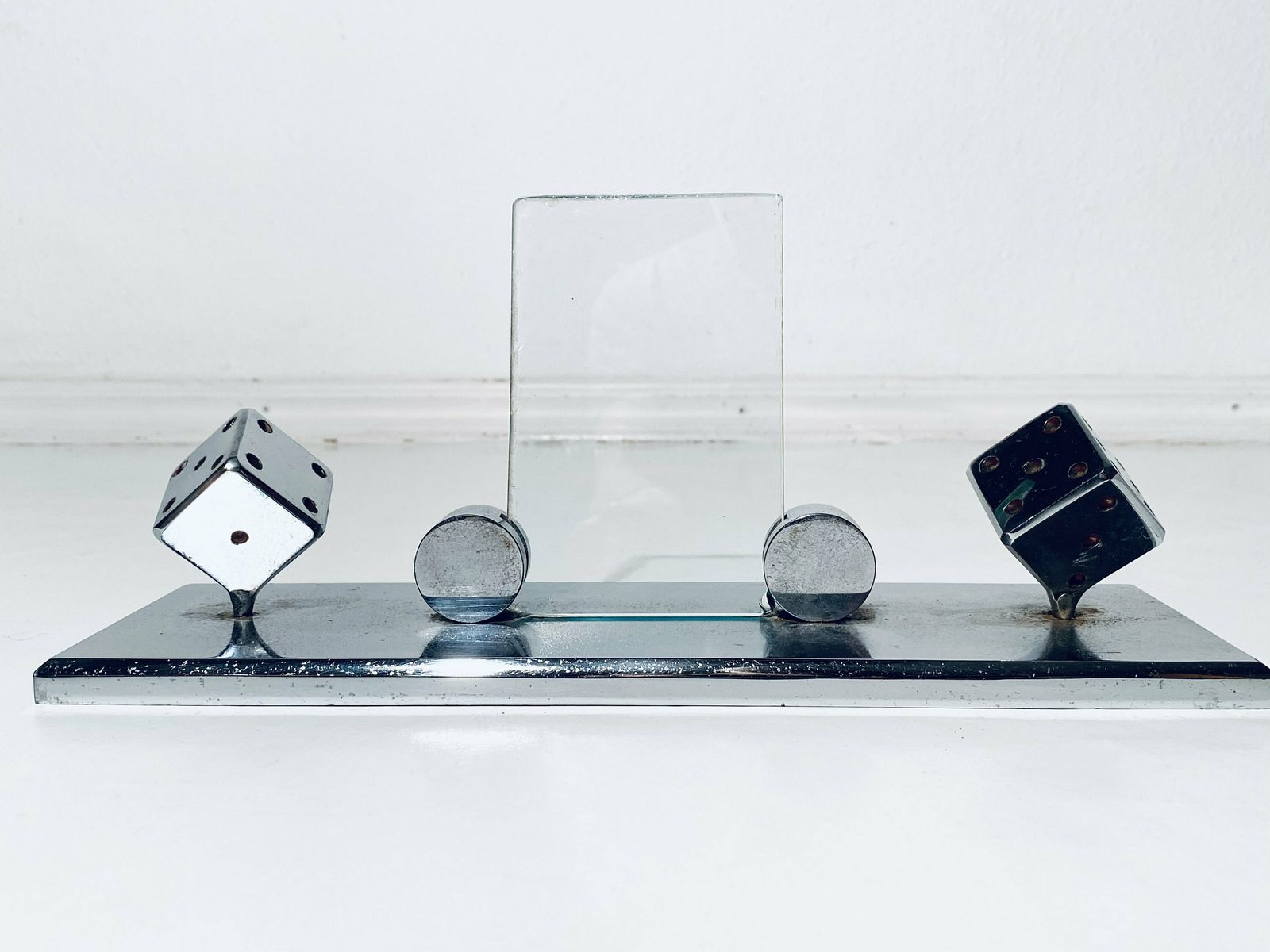 Art Deco Chrome Desk Decoration Picture Frame / Chrome Dice / Vintage Decor 1910s photo 186.0
