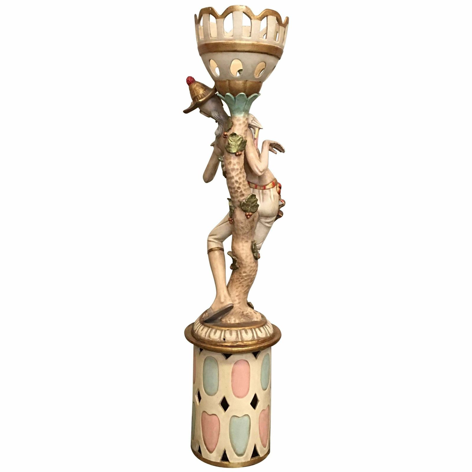 Sculpture du XXe siècle représentant un homme asiatique aux oiseaux et motifs d'Arlequin, Espagne