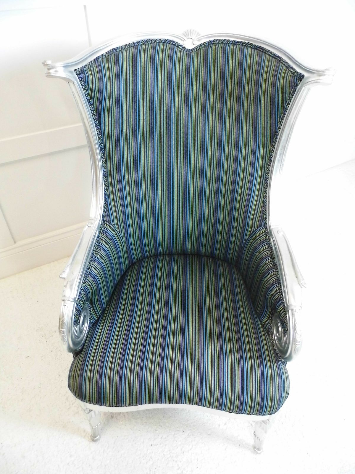 Designer Throne Carved Frame Stylish Statement Armchair Stripe Fabric Wing Back photo furniture