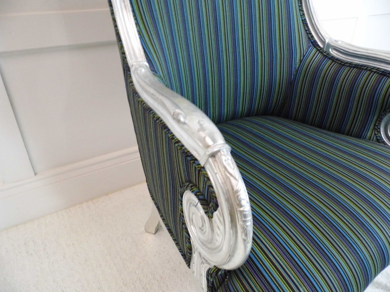 245.0 Designer Throne Carved Frame Stylish Statement Armchair Stripe Fabric Wing Back photo