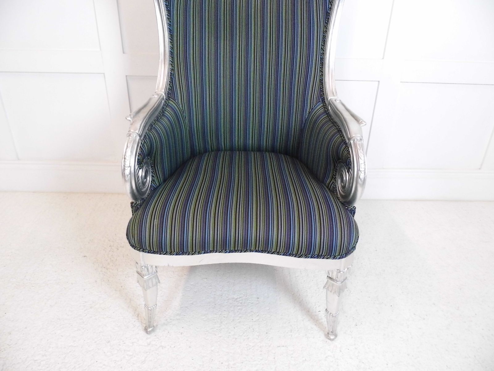 photo vinterior Designer Throne Carved Frame Stylish Statement Armchair Stripe Fabric Wing Back