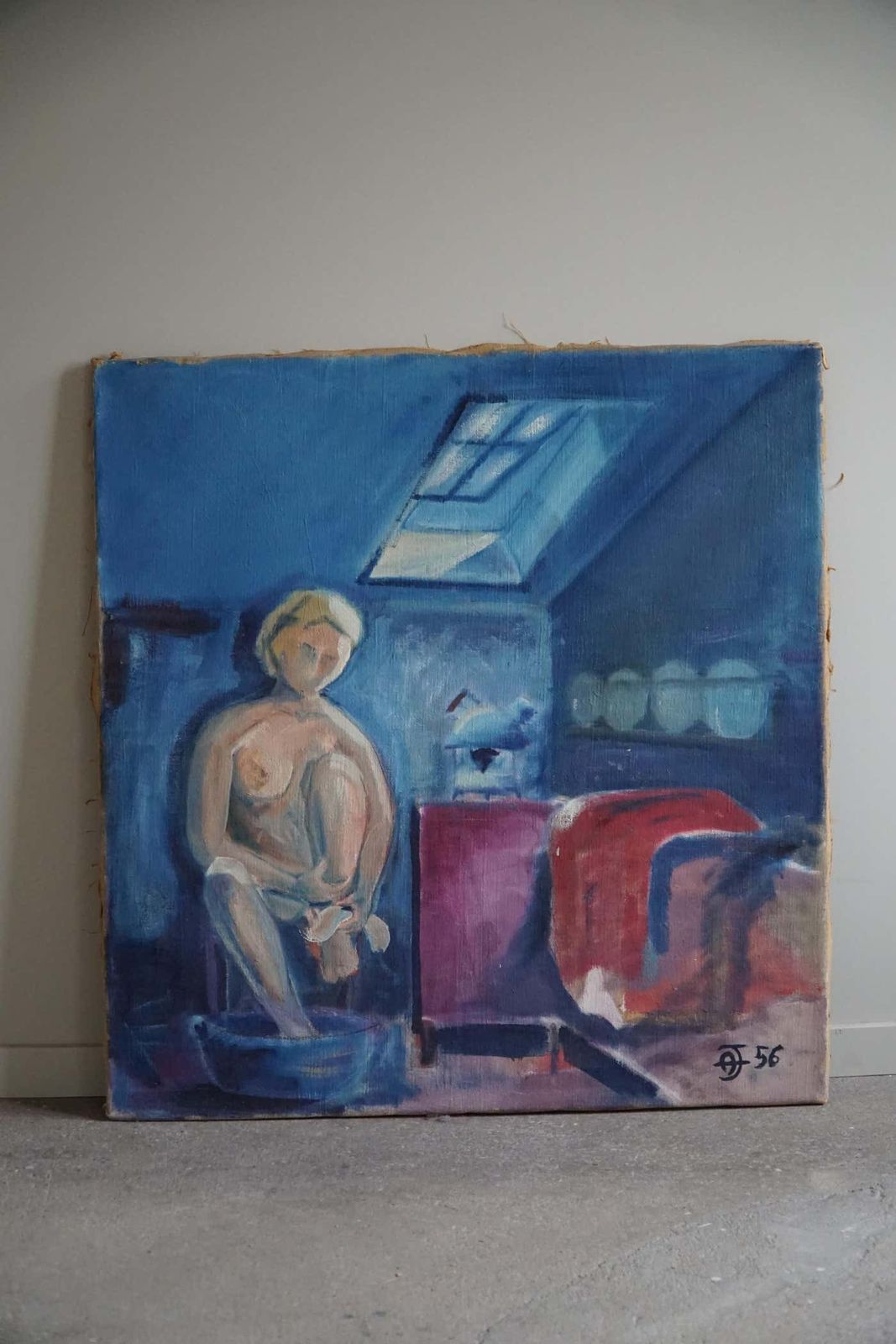 photo vinterior Large Oil On Canvas Painting, Unknown Artist, 1956, Danish Mid Century