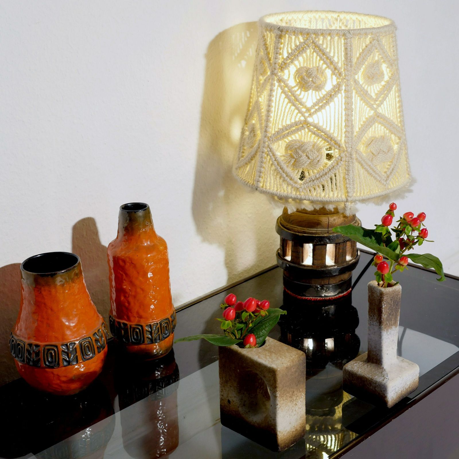 Vintage Table Lamp With Creme Knitted Shade & Wooden Base / Mid Century Decor photo furniture