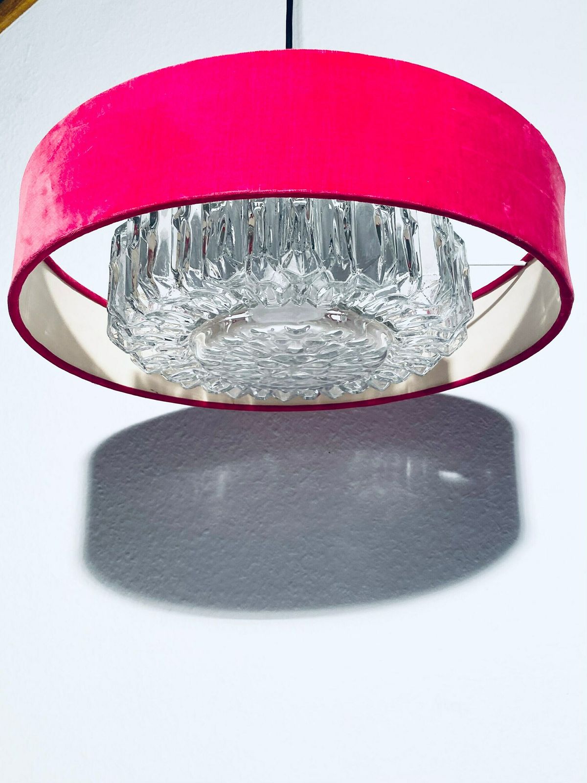 Red Velvet Crystal Glass Hanging Lamp / 60s 70s Vintage Decor / Boudoir Moulin Rouge Lamp photo furniture