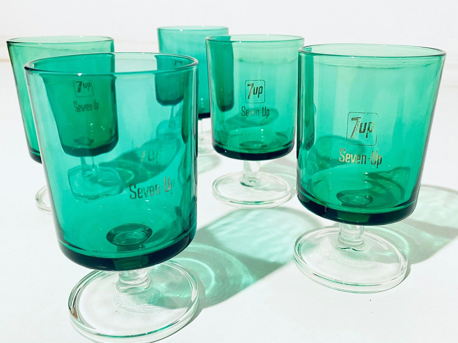 Five 7up Green Vintage Drinking Glasses / Made In France / Vintage Decor 70s photo for sale