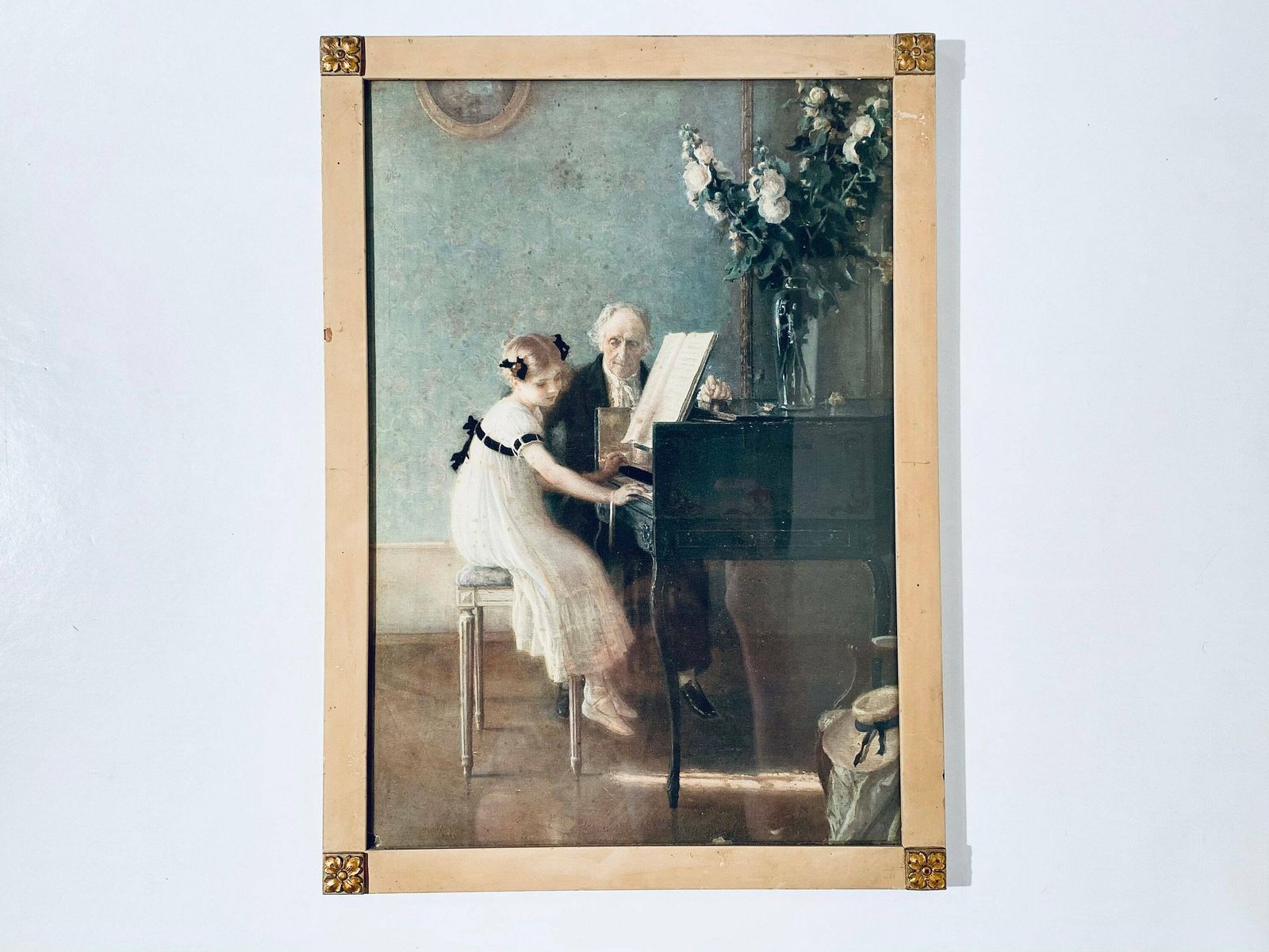 The First Piano Lesson By Jules Alexis Muenier Antique Wooden Picture Frame Print / Vintage Wall Hanging