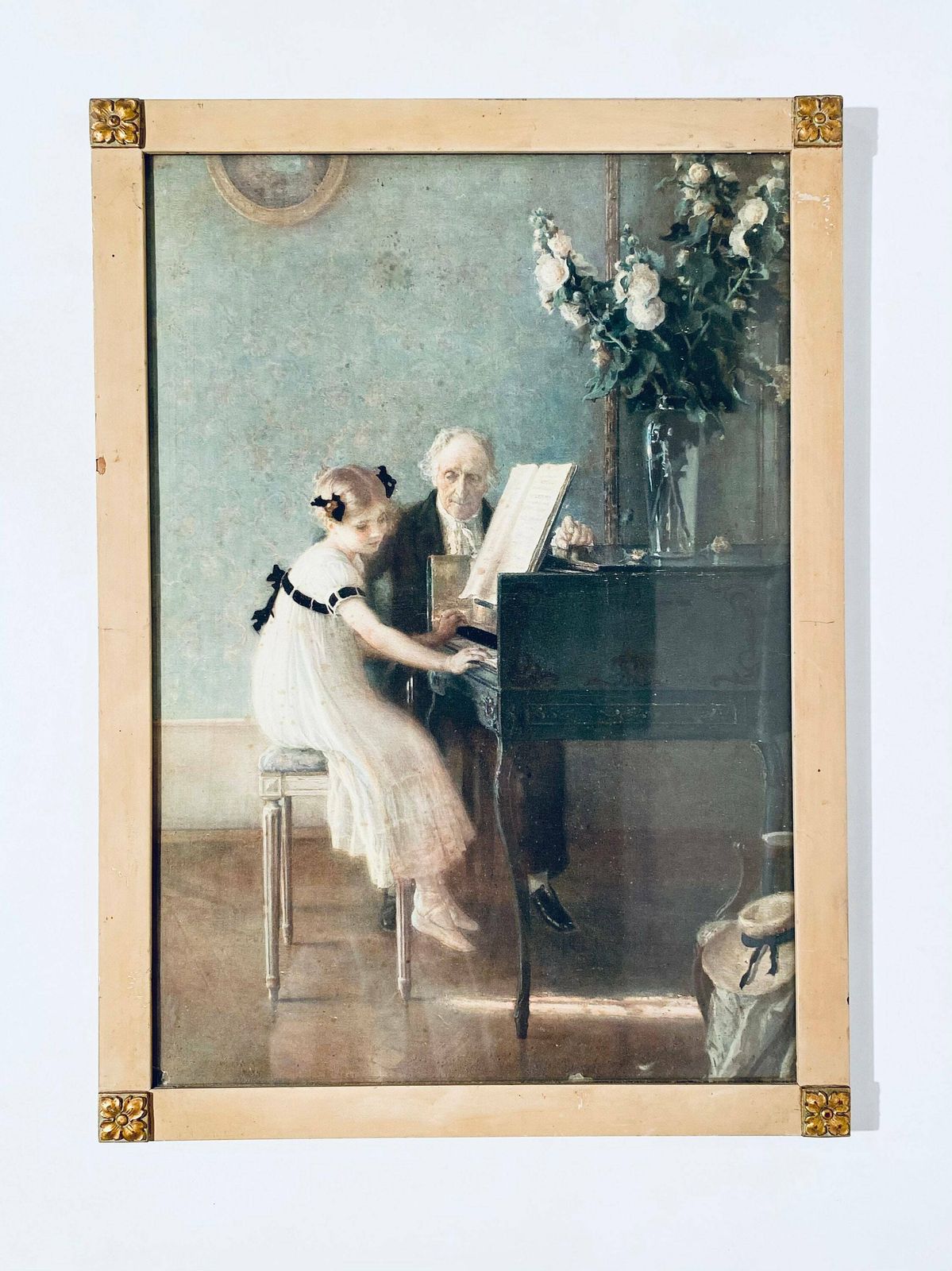 The First Piano Lesson By Jules Alexis Muenier Antique Wooden Picture Frame Print / Vintage Wall Hanging photo for sale