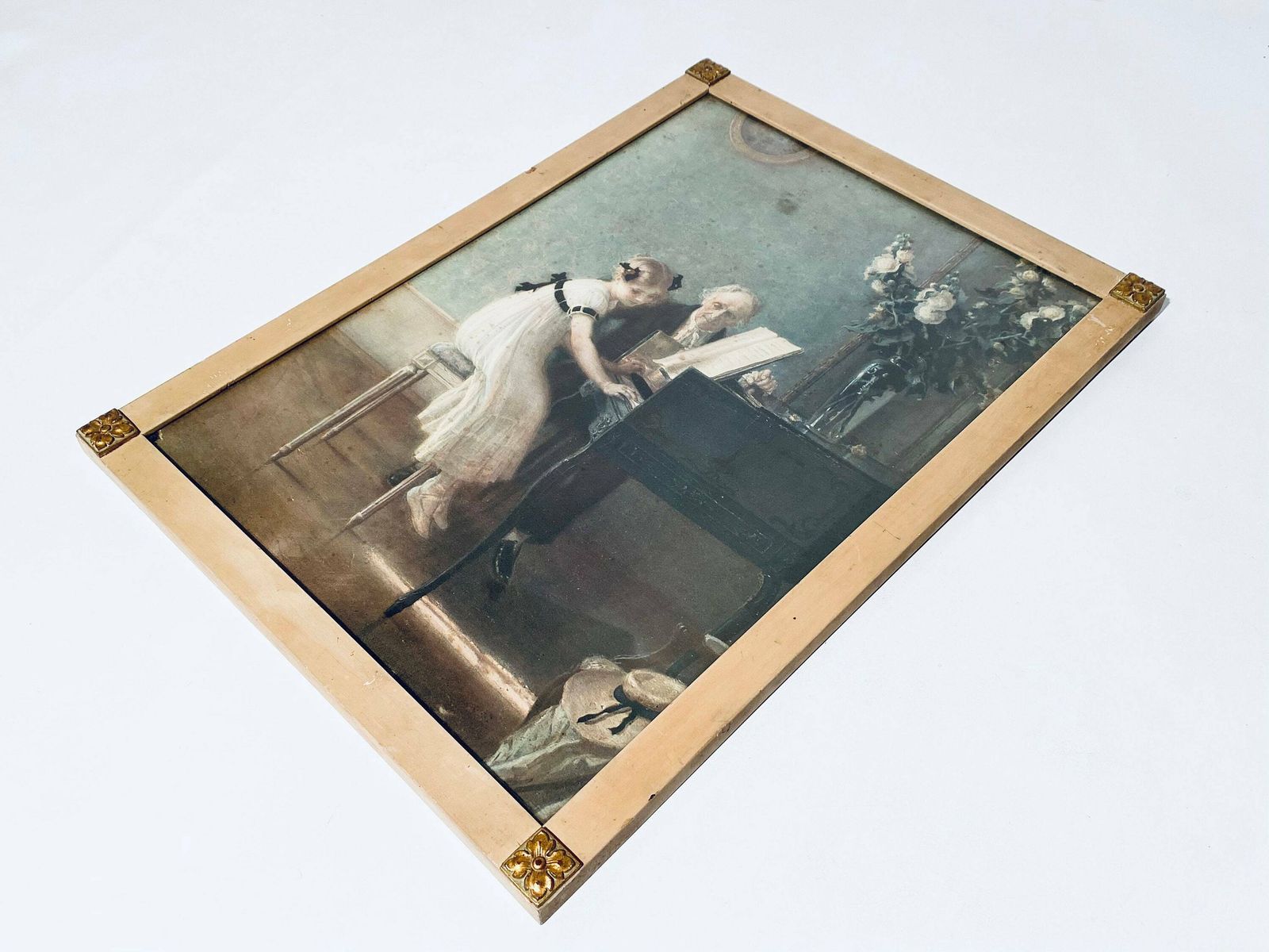 The First Piano Lesson By Jules Alexis Muenier Antique Wooden Picture Frame Print / Vintage Wall Hanging photo 123.0