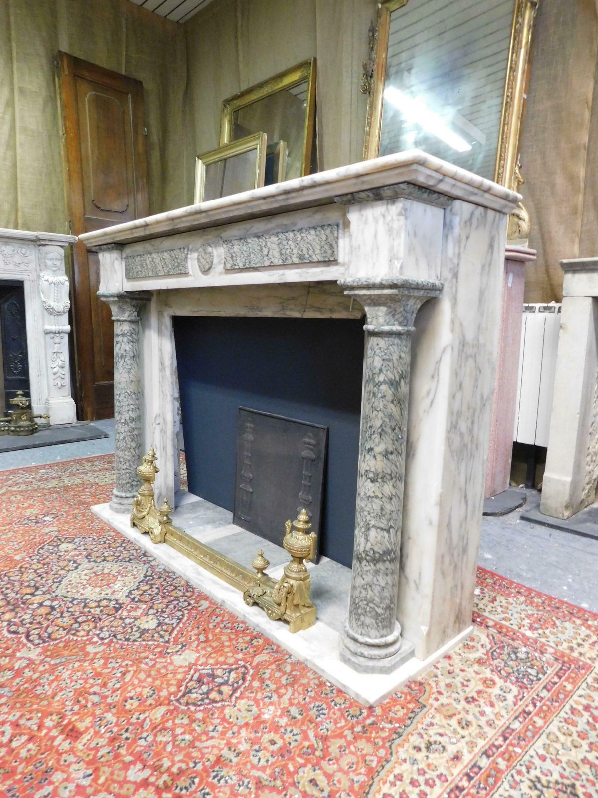 Fireplace Mantle In White And Green Marble, Carved Column, France photo Home Fixtures