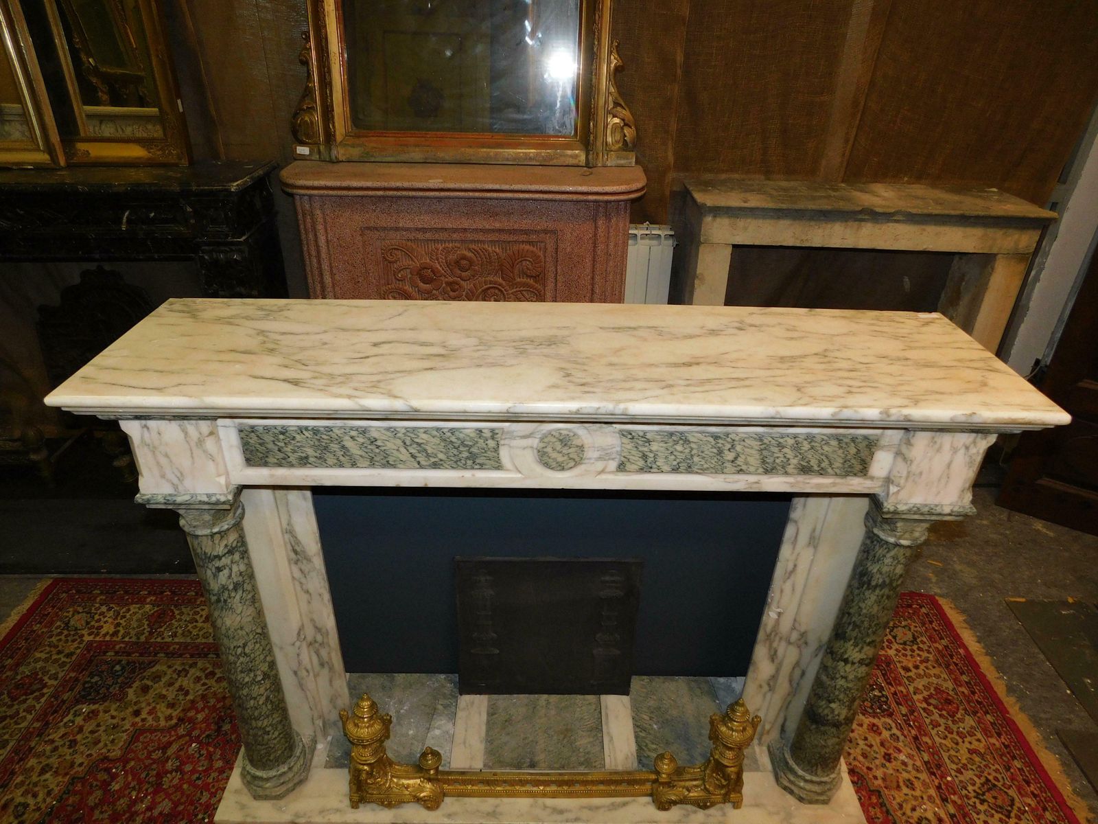 Fireplace Mantle In White And Green Marble, Carved Column, France photo 5062.0