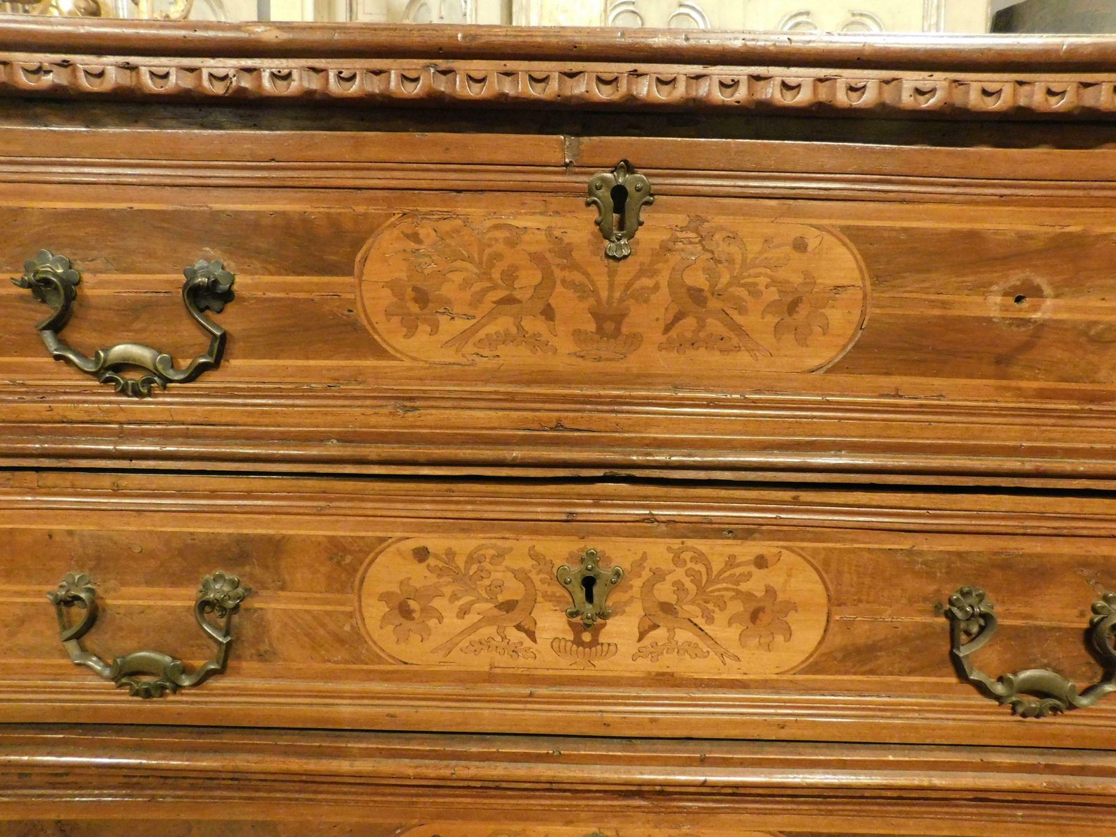 Chest Of Drawers / Flap In Walnut Inlay With Three Drawers, Italy photo vintage