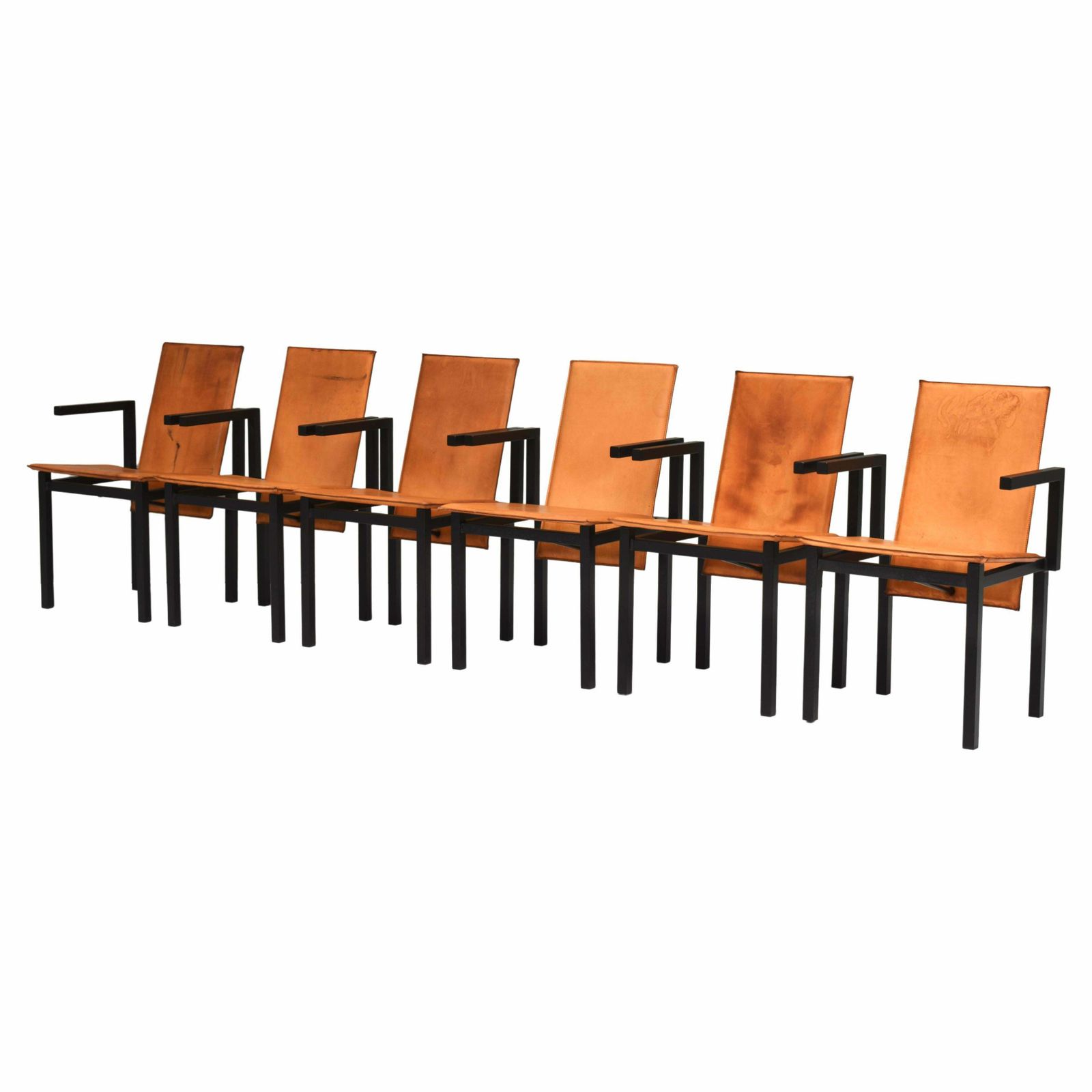 Unique One Of A Kind Set Of Six Dining Chairs In Tan Cognac Leather, Circa 1970