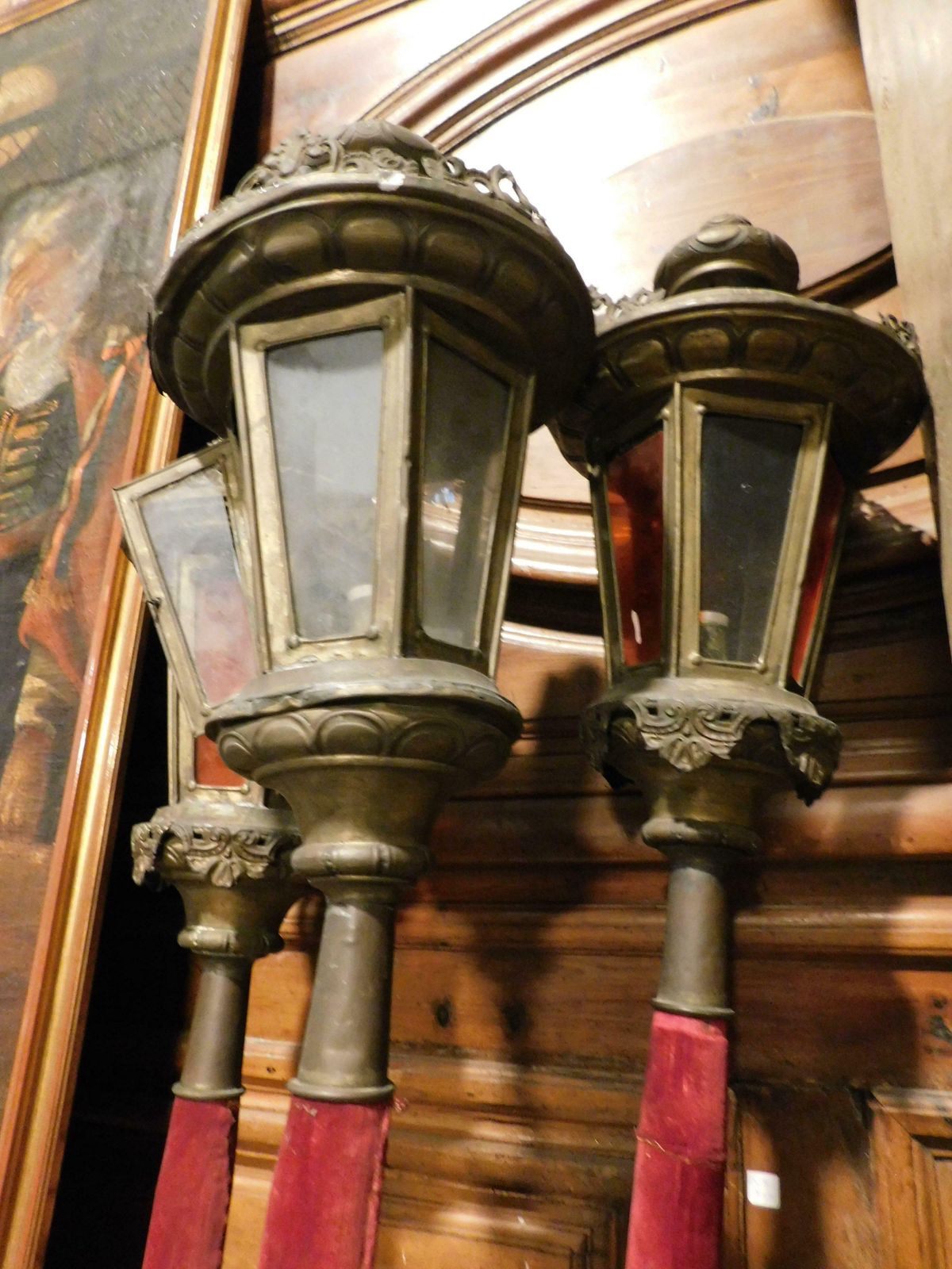 N.3 Brass Lanterns With Glasses And Wooden Sticks, Early 1900s Italy photo for sale