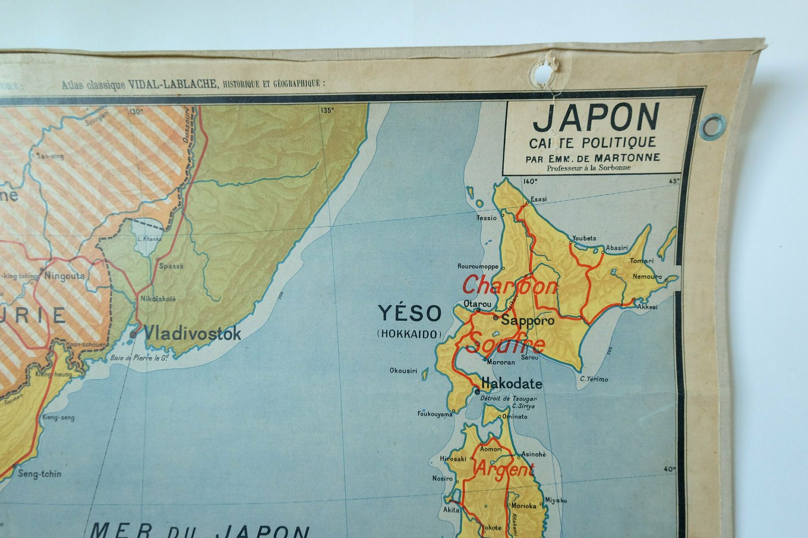 Original Mid Century Large Vintage French Educational School Wall Chart Japan Korea Korean Peninsula Map Vidal Lablache photo Art