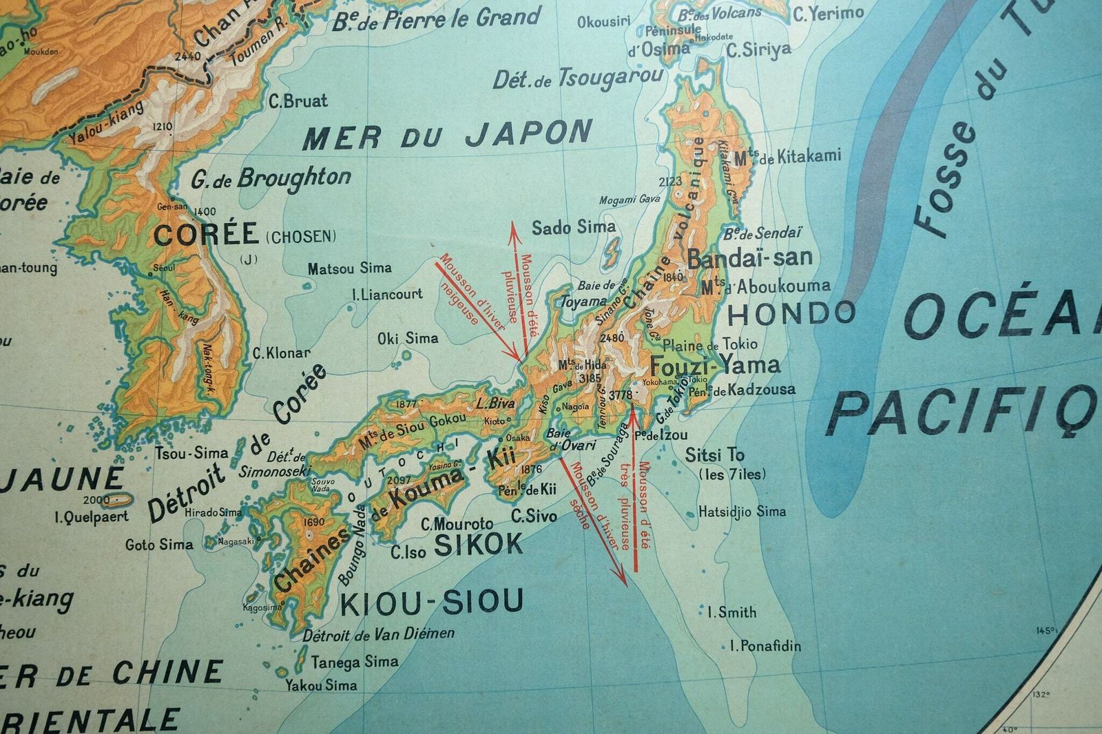 Original Mid Century Large Vintage French Educational School Wall Chart Japan Korea Korean Peninsula Map Vidal Lablache photo vintage