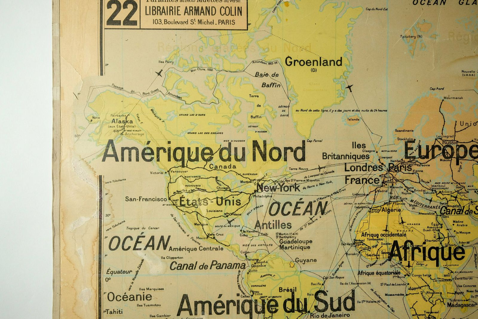 Original Large Vintage French Educational School Wall Chart World Map Planisphere Territories Quirky Beautiful Rare Vidal Lablache photo buy